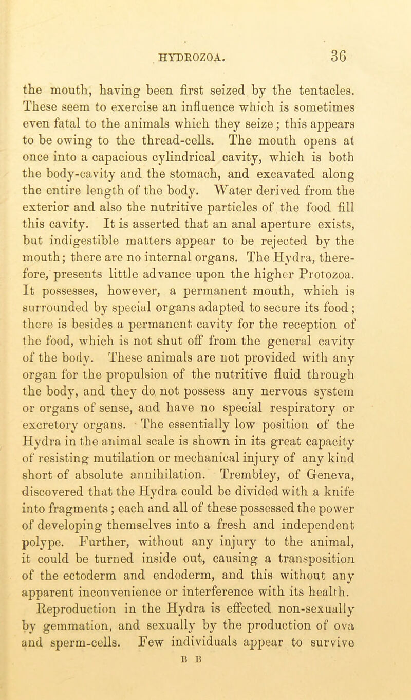 the mouth, having been first seized by the tentacles. These seem to exercise an influence which is sometimes even fatal to the animals which they seize ; this appears to be owing to the thread-cells. The mouth opens at once into a capacious cylindrical cavity, which is both the body-cavity and the stomach, and excavated along the entire length of the body. Water derived from the exterior and also the nutritive particles of the food fill this cavity. It is asserted that an anal aperture exists, but indigestible matters appear to be rejected by the mouth; there are no internal organs. The Hydra, there- fore, presents little advance upon the higher Protozoa. It povssesses, however, a permanent mouth, which is surrounded by special organs adapted to secure its food; there is besides a permanent cavity for the reception of the food, which is not shut off from the general cavity of the body. These animals are not provided with any organ for the propulsion of the nutritive fluid through the body, and they do not possess any nervous system or organs of sense, and have no special respiratory or excretory organs. The essentially low position of the Hydra in the animal scale is shown in its great capacity of resisting mutilation or mechanical injury of any kind short of absolute annihilation. Trembley, of Geneva, discovered that the Hydra could be divided with a knife into fragments ; each and all of these possessed the power of developing themselves into a fresh and independent polype. Further, without any injury to the animal, it could be turned inside out, causing a transposition of the ectoderm and endoderm, and this without any apparent inconvenience or interference with its health. Reproduction in the Hydra is effected non-sex ually by gemmation, and sexually by the production of ova and sperm-cells. Few individuals aj^pear to survive B B