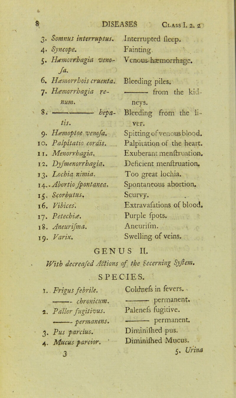 3. $oninus interrupts. 4. Syncope. 5. Ilanicrrhagia veno- /*■ 6. 11 am or r hois cruenta. 7. Hamorrhagia re- num. ' 8. — hepa- tis. 9. Hamoptoe venofa. 10. Palpitatio cordis. 11. Menorrhagia. 12. Dyfmenorrhagia. 13. Lochia nimia. i^.-Abortio Jpontanea. 15. Scorbutus. 16. Vibices. 17. Petechia. 18. Aneurifma. 19. Varix. GEN decreafed Actions Interrupted fleep. Fainting V enous- haemorrhage. Bleeding piles. from the kid- neys. Bleeding from the li- ver. Spitting o f venous blood. Palpitation of the heart. Exuberant menfbruation. Deficient menftruation. Too great lochia. Spontaneous abortion. Scurvy. Extravafations of blood. Purple fpots. Aneurifm. Swelling of veins. JS II. of the Secerning Syjlem. SPECIES. 1. Frigus febrile. chronicum. 2. Pallor fugitivus. ■ permanent. 3. Pus parcius. 4. Mucus parcior. 3 Coldnefs in fevers. permanent. Palenefs fugitive. permanent. Diminifhed pus. Diminifhed Mucus. 5. Ur in a