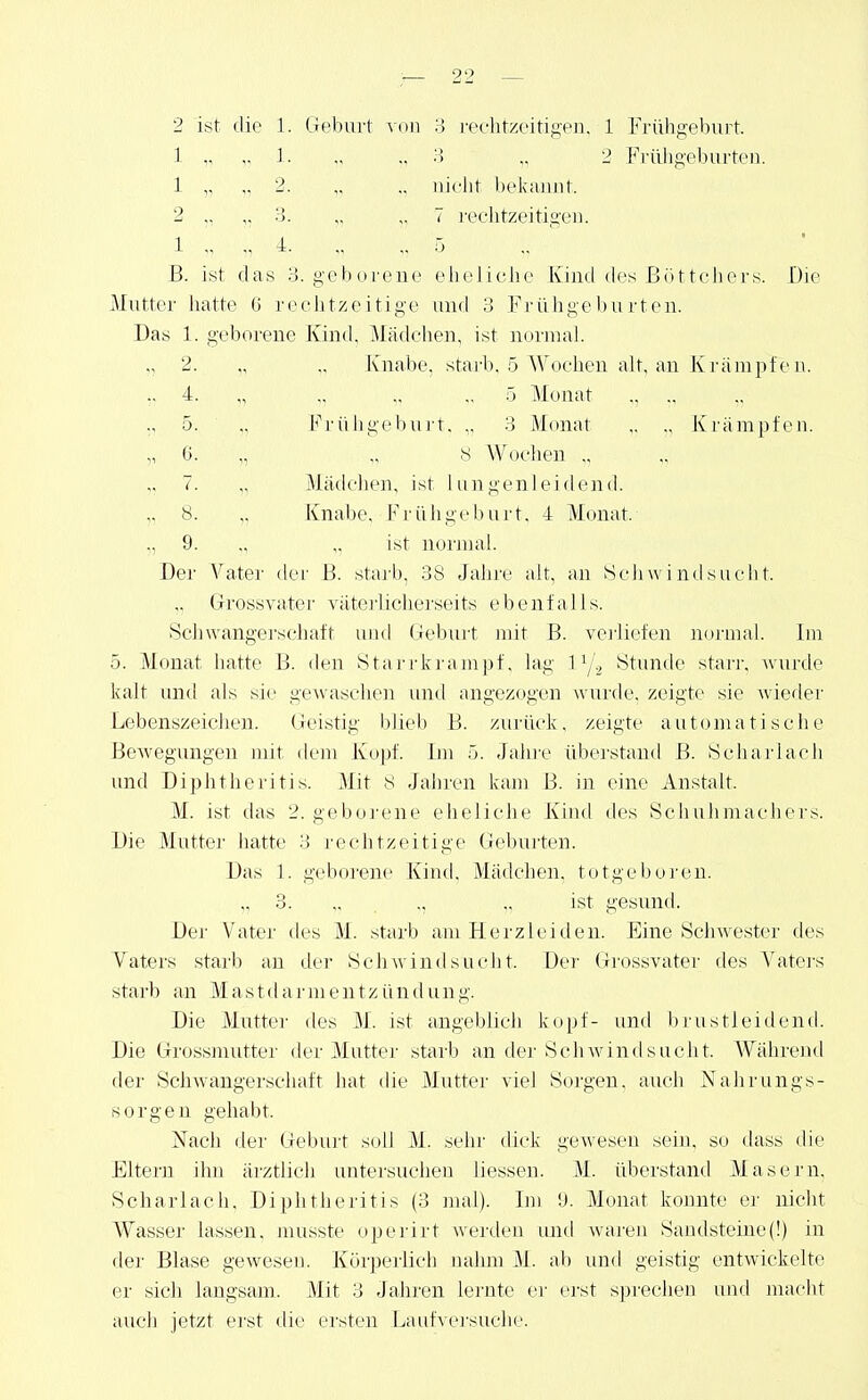 1 „ „ 1. „ „ H ,. 2 Frilligeburten. 1 „ „ 2. „ ,, nicht l)t'k;mnt. 2 3. „ „ 7 i'eelitzeitigeii. 1 „ .. 4 5 ß. ist das 3. geborene elieJiciie iCind des Böttchers. Die irutter liatte G rechtzeitige und 3 Frühgeburten. Das 1. geborene Kind, Mädchen, ist normal. 2. ., ,. Knabe, stai-b, 5 Wochen alt, an Ki ampfen. .. 4. ., .. ., 5 Monat ., .. ,, 5. ,, Fi-iihgeburt. .. 3 Monat ,. „ Krämpfen. „ 6. ,, s Wochen ,. 7. „ Mäch'hen, ist lungenleidend. ,.8. „ Knabe, Fi-üb gehurt. 4 Monat. ., 9. „ „ ist nonuaL Der Vater der ß. staj-b, 38 JahiT alt. an Schwindsucht. Grossvater A^äterlicherseits ebenfalls. Schwangerschaft und Geburt mit ß. verliefen normal. Im 5. Monat hatte ß. den Sta ]• rki-a mpf, lag 1'/., Stunde starr, wurde kalt und als sie gewaschen und angezogen wurde, zeigte sie wieder LebenszeicJien. Geistig blieb ß. zurück, zeigte automatische Bewegungen mit dem Kopf. Im '>. Jahiv übeistand ß. Scharlach und Diphtheritis. Mit S Jahren kam B. in eine Anstalt. M. ist das 2. geborene eheliche Kind des Schuhmachers. Die Mutter hatte 3 rechtzeitige Gebui'ten. Das 1. geborene Kind, Mädchen, totgeboj'en. „ 3. „ ,, „ ist gesund. Der Vater des M. starb am Herzleiden. Eine Schwester des Vaters starb an der Sehwindsucht. Der Grossvater des Vatej's starb an Mastdai'me]itzündung. Die Muttei' des M. ist angeblich köpf- und brustleidend. Die Grossmutter der Mutter starb an der SchAvindsucht. AVährend der Schwangerschaft hat die Mutter viel Sorgen, auch Nahrungs- sorgen gehabt. Nach der Geburt soll M. sehr dick gewesen sein, so dass die Eltern ihn ärztlich untersuchen Hessen. M. überstand Masern, Scharlach, Diphtheritis (3 mal). Im '.). Monat konnte ei' nicht Wasser lassen, musste operirt werden luid waren Sandsteine(!) in der Blase geweseu. Körperlich nahm M. ab und geistig entwickelte er sich langsam. Mit 3 Jahren lernte er erst sprechen und macht auch jetzt erst die ersten I^aufAei-suclie.