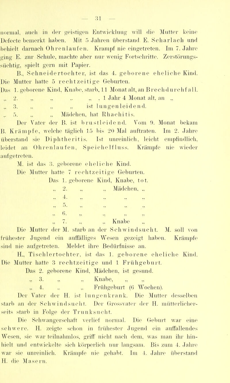 — 81 — iiDi'inal. iiucli hl der '^cisti.ü.cii KiitwicUmii;' will die Miittri- keine Defecte bemerkt haben. Mit n Jahren üherstaiid E. Scliarlaeh und behielt dai'uach Oh ren laufen. Kiainpf nie ehioetreten. Jni 7. Jaine fj,ing E. zur Schule, machte aber niii- wenijt!,' Fortschiitte. Zerstürungs- süchtif;'. spielt gern mit Papiei'. B., Schneidertochter, ist flas 4. geborene elieliche Kind. Die Mutter hatte 5 rechtzeitige Geburten. Das 1.geborene Kind. Knabe, starb, 11 Monat alt,an l>reelid u rehfall. .. 2. ,, „ 1 -Jahi- 4 Monat alt. an .. „ ,3. ., .. .. ist lungenleidend. .. Tl. .. .. .Mädchen, hat IMinehitis. Der \'atei- der 1!. ist I) r n s 11 e i d e n d. \'(im !). .Monat l)ekam I!. Krämpfe, welche tiiglicli IT) Iiis 20 Mal auftraten. Im 2. Jahre überstand sie Di ph the ri t i s. \>t unreinlich, leicht eniptindlich. leidet an () Ii re n I a u f e n . S pe i e Ii e I f I u ss. Krämpfe nie wieder aufgetreten. M. ist das :!. geborene eheliche Kind. Die Mutter hatte 7 rechtzeitige (iel)urten. Das l.gebureiie Kind. Knabe, tot. ..2. ., .. Mädchen. ,. .. 4. 7. .. .. Knabe Die Mutter dei-M. starl) an der Schwindsucht. .M. soll von ti-üliest(M' Jugend ein auffälliges Wesen gezeigt haben. Krämpfe sind nie aufgetreten. Meldet ihre Bedürfnisse an. H.. Tischlertochter, ist das 1. geborene eheliche Kind. Die Mutter hatte 3 rechtzeitige und 1 Frühgeburt. Das 2. geborene Kind. Mädchen, ist gesund. ,. 3. .. .. Knabe .. 4. .. ,. Krühgeburt (0 Wochen). D(U' Vater dei- H. ist I n n gen k i'a n k. Di(^ Muttei' dessfdbeii stai'b an der Sc h w i n d s u c Ii r. Der (Jrossxater der 11. mütterlicher- seits starb in Folge der Trunksucht. Die Schwangerschaft verlief normal. Die (teburt war i'ine schwere. H. zeigte schon in fridiester Jugend ein autfallendes Wesen, sie war teilnahmlos, gritf' nicht nach dem. was nuui ihr hin- hielt und entwickelte sich körperlich nur langsam. Bis zum 4. Jahre war sie unreinlich. Kriiin|)fe nie gelialit. Im \. Jahre überstand