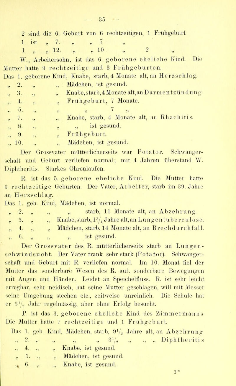 2 sind die G. Geburt von G i'eclitzeitigen, 1 Frühgeburt 1 ist „7. 11 11 1 11 11 12. „ ,,10 n 2 „ W., Arbeitersolm, ist das G. geborene elicliehe Kind. Die Mutter liatte 9 rechtzeitige und 3 Frühgeburten. Das 1. geborene Kind, Knabe, starb, 4 Monate alt, an Hoi-zseiilag. n 2. „ „ Mädchen, ist gesund. 11 3. „ Knabe, starb, 4 Monate alt, au D a r ni e n t z ü u d u n g. 11 4. ., Frühgeburt, 7 Monate. 11 1 5. 7. 7 11 11 11 ' ■>! Knabe, starb, 4 Monate alt, au Rliacliitis. 11 8. „ „ ist gesund. ,1 9. „ „ Frühgeburt. 11 10. „ „ Mädchen, ist gesund. Der Grossvater müttei'licherseits war Potator. Schwanger- Schaft und Geburt verlieten normal; mit 4 Jahren überstand W. Diphtheritis. Starkes Ohrenlaufen. R. ist (bis 5. geborene eheliche Kind. Die Mutter liatte G rechtzeitige Geburten. Der Vatei', Arbeiter, starb im :5!). .Jaluc an Herzschlag. Das 1. geb. Kind, Mädchen, ist normal. „ 2. „ „ „ starb, 11 Monate alt, an Abzehrung. „ 3. „ „ Knabe,starb, 1^4 Jahre alt,an Lungentuberculose. „ 4. „ „ Mädchen, starb, 14 Monate alt, an Brechd ui chfa 11. „ G. „ „ „ ist gesund. Der Grossvater des R. mütterlicherseits starb an Lungen- schwindsucht. Der Vater trank sehr stark (Potator). Schwangei- schaft und Geburt mit R. verliefen normal. Im 10. Monat fiel der Mutter das soiiderharc AVesen des R. auf, sondei'hai'e Bewegungen mit Augen und Hiindeii. Leidet an Speiclieltluss. R. ist sehr leiciit riTOgbar, selu' neidisch, hat seine Mutter geschlagen, will mit Messer seine Umgebung stechen etc., zeitweise unreinlich. Die Schule hat er ;!' '„ Jahr regelmässig, aber ohne Erfolg besuclit. P. ist das 3. geborene eheliche Kind des Zimmermanns Die Mutter hatte 7 rechtzeitige und 1 FrühgeI) u i t. Das 1. geh. Kind. Mädchen, starb, 9'/^, Jahre alt. an Abzehrung „ 2. „ 37., „ „ „ Dipiithei iti s „ 4. „ ., Knabe, ist gesund. „ 0. „ „ Mädchen, ist gesund. ,^ C. „ Knabe, ist gesund.