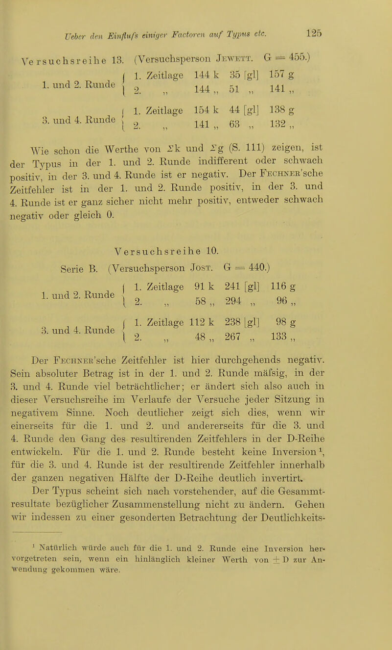 r s u c h s r e i h e 13. (Versuchsperson Jewktt. G = 455.) ( 1. Zeitlage 144 k 35 [gl] 157 g 1. und 2. Runde ^ ^ ^^41 j 1. Zeitlage 154 k 44 [gl] 138 g 3. und 4. Runde ^ ^ (.3 -^32 Wie schon die Werthe von l'k und Tg (S. III) zeigen, ist der Tj^pus in der 1. und 2. Runde indifferent oder schwach positiv, in der 3. und 4. Runde ist er negativ. Der FECHNEii'sche Zeitfehler ist in der 1. und 2. Runde positiv, in der 3. und 4. Runde ist er ganz sicher nicht mehr positiv, entweder schwach negativ oder gleich 0. Versuchsreihe 10. Serie B. (Versuchsperson Jost. G = 440.) I 1. Zeitlage 91 k 241 [gl] 116 g 1. und 2. Runde ^ ^94 „ 96 „ ^ ^ ^ ^ ^ j 1. Zeitlage 112 k 238 [gl] 98 g o. und 4. Runde ^ ^67 „ 133 „ Der FECHKER'sche Zeitfehler ist hier durchgehends negativ. Sein absoluter Betrag ist in der 1. und 2. Runde mäfsig, in der 3. und 4. Runde viel beträchthcher; er ändert sich also auch in dieser Versuchsreihe im Verlaufe der Versuche jeder Sitzung in negativem Sinne. Noch deutlicher zeigt sich dies, wenn wir einerseits für die 1. und 2. und andererseits für die 3. und 4. Runde den Gang des resultirenden Zeitfehlers in der D-Reihe entwickeln. Für die 1. und 2. Runde besteht keine Inversion^, für die 3. und 4. Runde ist der resultirende Zeitfehler innerhalb der ganzen negativen Hälfte der D-Reihe deutlich invertirt. Der Typus scheint sich nach vorstehender, auf die Gesammt- resultate bezüghcher Zusammenstellung nicht zu ändern. Gehen wir indessen zu einer gesonderten Betrachtung der Deutlichkeits- ' Natürlich würde auch für die 1. und 2. Runde eine Inversion her- vorgetreten sein, wenn ein hinlänglich kleiner Werth von ± D zur An- wendung gekommen wäre.