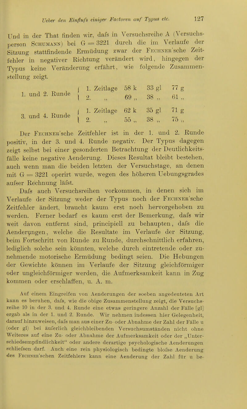 Und in der That finden wir, dafs in Versuchsreihe A (Versuchs- person Schumann) bei G = 3221 durch die im Verlaufe der Sitzung stattfindende Ermüdung zwar der FECHNEEsche Zeit- fehler in negativer Richtung vercändert wird, hingegen der Tj'pus keine Veränderung erfährt, wie folgende Zusammen- s^tellung zeigt. ( 1. Zeitlage 58 k 33 gl 77 g I 2. „ 69 „ 38 „ 61 „ 1. und 2. Runde 3. und 4. Runde I 1. Zeitlage 62 k 35 gl 71 g 1 2. „ 55 „ 38 „ 75 „ Der FECHNEii'sche Zeitfehler ist in der 1. und 2. Runde positiv, in der 3. und 4. Runde negativ. Der Typus dagegen zeigt selbst bei einer gesonderten Betrachtung der Deutlichkeits- fälle keine negative Aenderung. Dieses Resultat bleibt bestehen, auch wenn man die beiden letzten der Versuchstage, an denen mit G = 3221 operirt wurde, wegen des höheren Uebungsgrades aulser Rechnung läfst. Dafs auch Versuchsreihen vorkommen, in denen sich im Verlaufe der Sitzung Aveder der Typus noch der FEcnxER'sche Zeitfehler ändert, braucht kaum erst noch hervorgehoben zu werden. Ferner bedarf es kaum erst der Bemerkung, dafs wir weit davon entfernt sind, principiell zu behaupten, dafs die Aenderyngen, welche die Resultate im Verlaufe der Sitzung, beim Fortschritt von Runde zu Runde, durchschnittlich erfahren, ledighch solche sein könnten, welche durch eintretende oder zu- nehmende motorische Ermüdung bedingt seien. Die Hebungen der Gewichte können im Verlaufe der Sitzung gleichförmiger oder ungleichförmiger werden, die Aufmerksamkeit kann in Zug kommen oder erschlaffen, u. A. m. Auf einem Eingreifen von Aenderungen der soeben angedeuteten Art kann es beruhen, dafs, wie die obige Zusammenstellung zeigt, die Versuchs- reihe 10 in der 3. und 4. Runde eine etwas geringere Anzahl der Fälle [gl] ergab als in der 1. und 2. Runde. Wir nehmen indessen hier Gelegenheit, darauf hinzuweisen, dafs man aus einer Zu- oder Abnahme der Zahl der Fälle u (oder gl) bei äuferlich gleichbleibenden Versuchsumständen nicht ohne Weiteres auf eine Zu- oder Abnahme der Aufmerksamkeit oder der „Unter- schiedsempfindlichkeit oder andere derartige psychologische Aenderungen schliefsen darf. Auch eine rein physiologisch bedingte blofse Aenderung des FEOHNEB'schen Zeitfehlers kann eine Aenderung der Zahl für u be-