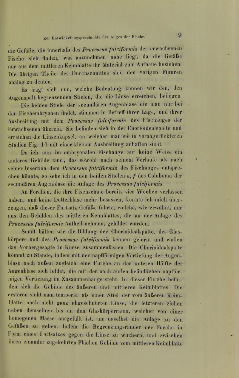 die Gefäße, die innerhalb des Processus falciformis der erwachsenen Fische sich finden, was anzunehmen nahe liegt, da die Gefäße nur aus dem mittleren Keimblatte ihr Material zum Aufbaue beziehen. Die übrigen Theile des Durchschnittes sind den vorigen Figuren analog zu deuten. Es fragt sich nun, welche Bedeutung können wir den, den Augenspalt begrenzenden Stielen, die die Linse erreichen, beilegen. Die beiden Stiele der secundären Augenblase die man nur bei den Fischembryonen findet, stimmen in Betreff ihrer Lage, und ihrer Ausbreitung mit dem Processus falciformis des Fischauges der Erwachsenen überein. Sie befinden sich in der Chorioidealspalte und erreichen die Linsenkapsel, an welcher man sie in vorangerückteren Stadien Fig. 10 mit einer kleinen Ausbreitung anhaften sieht. Da ich nun im embryonalen Fischauge auf keine Weise ein anderes Gebilde fand, das sowohl nach seinem Verlaufe als nach seiner Insertion dem Processus falciformis des Fischauges entspre- chen könnte, so sehe ich in den beiden Stielen o, f des Coloboma der secundären Augenblase die Anlage des Processus falciformis. An Forellen, die ihre Fischschale bereits vier Wochen verlassen haben, und keine Dotterblase mehr besassen, konnte ich mich über- zeugen, daß dieser Fortsatz Gefäße führte, welche, wie erwähnt, nur aus den Gebilden des mittleren Keimblattes, die an der Anlage des Processus falciformis Antheil nehmen, gebildet wurden. Somit hätten wir die Bildung der Chorioidealspalte, des Glas- körpers und des Processus falciformis kennen gelernt und wollen das Vorhergesagte in Kürze zusammenfassen. Die Chorioidealspalte kömmt zu Stande, indem mit der napfförmigen Vertiefung der Augen- blase nach außen zugleich eine Furche an der unteren Hälfte der Augenblase sich bildet, die mit der nach außen befindlichen napfför- migen Vertiefung im Zusammenhange steht. In dieser Furche befin- den sich die Gebilde des äußeren und mittleren Keimblattes. Die ersteren sieht man temporär als einen Stiel der vom äußeren Keim- blatte noch nicht ganz abgeschnürten Linse, die letzteren ziehen neben demselben bis an den Glaskörperraum, welcher von einer homogenen Masse ausgefüllt ist, um daselbst die Anlage zu den Gefäßen zu geben. Indem die Begrenzungsränder der Furche in Form eines Fortsatzes gegen die Linse zu wuchern, und zwischen ihren einander zugekehrten Flächen Gebilde vom mittleren Keimblatte