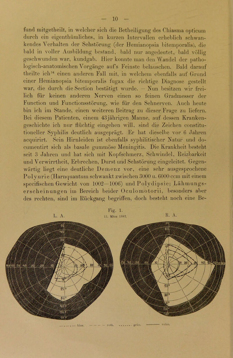 fand mitgetheilt, in welcher sich die Betheiligung des Chiasma opticum durch ein eigenthümliches, in kurzen Intervallen erheblich schwan- kendes Verhalten der Sehstörung (der Hemianopsia bitemporalis), die bald in voller Ausbildung bestand, bald nur angedeutet, bald völlig geschwunden war, kundgab. Hier konnte man den Wandel der patho- logisch-anatomischen Vorgänge auf’s Feinste belauschen. Bald darauf theilte ich'14 einen anderen Fall mit, in welchem ebenfalls auf Grund einer Hemianopsia bitemporalis fugax die richtige Diagnose gestellt war, die durch die Section bestätigt wurde. — Nun besitzen wir frei- lich für keinen anderen Nerven einen so feinen Gradmesser der Function und Functionsstörung, wie für den Sehnerven. Auch heute bin ich im Stande, einen weiteren Beitrag zu dieser Frage zu liefern. Bei diesem Patienten, einem 43jährigen Manne, auf dessen Kranken- geschichte ich nur flüchtig eingehen will, sind die Zeichen constitu- tioneller Syphilis deutlich ausgeprägt. Er hat dieselbe vor 6 Jahren acquirirt. Sein Hirnleiden ist ebenfalls syphilitischer Natur und do- cumentirt sich als basale gummöse Meningitis. Die Krankheit besteht seit 3 Jahren und hat sich mit Kopfschmerz, Schwindel, Reizbarkeit und Verwirrtheit, Erbrechen, Durst und Sehstörung eingeleitet. Gegen- wärtig liegt eine deutliche Demenz vor, eine sehr ausgesprochene Polyurie (Harnquantmn schwankt zwischen 3000 u. 6000 ccm mit einem specifischen Gewicht von 1002—1006) und Polydipsie; Lähmungs- erscheinungen im Bereich beider Oculomotorii, besonders aber des rechten, sind im Rückgang begriffen, doch besteht noch eine Be- L. A. Fig. 1. 11. März 1887. — • — bliui. roüi. gnm. wo iss.