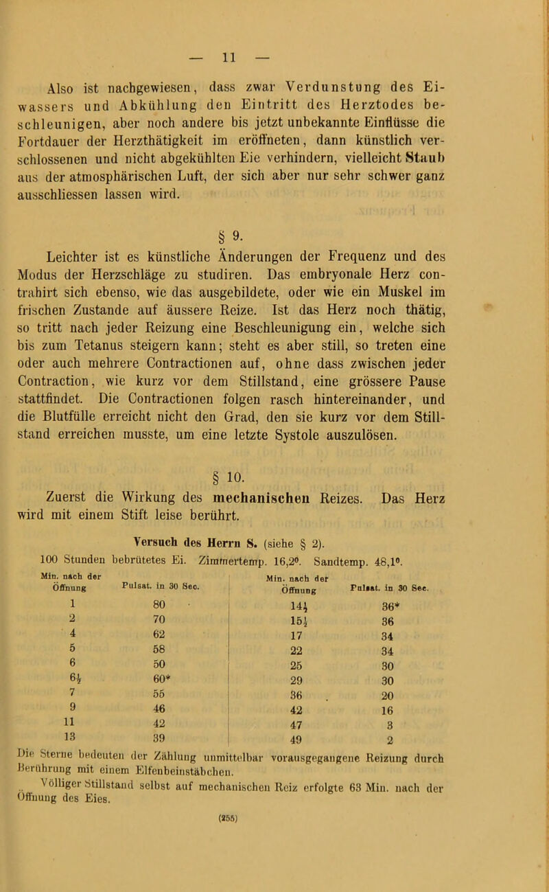 Also ist nachgewiesen, dass zwar Verdunstung des Ei- wassers und Abkühlung den Eintritt des Herztodes be- schleunigen, aber noch andere bis jetzt unbekannte Einflüsse die Fortdauer der Herzthätigkeit im eröflneten, dann künstlich ver- schlossenen und nicht abgekühlten Eie verhindern, vielleicht Staub aus der atmosphärischen Luft, der sich aber nur sehr schwer ganz ausschliessen lassen wird. § 9- Leichter ist es künstliche Änderungen der Frequenz und des Modus der Herzschläge zu studiren. Das embryonale Herz con- trahirt sich ebenso, wie das ausgebildete, oder wie ein Muskel im frischen Zustande auf äussere Reize. Ist das Herz noch thätig, so tritt nach jeder Reizung eine Beschleunigung ein, welche sich bis zum Tetanus steigern kann; steht es aber still, so treten eine oder auch mehrere Contractionen auf, ohne dass zwischen jeder Contraction, wie kurz vor dem Stillstand, eine grössere Pause stattfindet. Die Contractionen folgen rasch hintereinander, und die Blutfülle erreicht nicht den Grad, den sie kurz vor dem Still- stand erreichen musste, um eine letzte Systole auszulösen. § io. Zuerst die Wirkung des mechanischen Reizes. Das Herz wird mit einem Stift leise berührt. Versuch des Herrn S. (siehe § 2). 100 Stunden bebrütetes Ei. Zimmertemp. 16,2°. Sandtemp. 48,1«. Min. nach der Öffnung 1 2 4 5 6 6* 7 9 11 13 Pulsat. in 30 Seo. Min. nach der Öffnung Fnlaat. in 30 See. 80 144 36* 70 154 36 62 17 34 58 22 34 50 25 30 60* 29 30 55 36 20 46 42 16 42 47 3 39 49 2 Hie Sterne bedeuten der Zählung unmittelbar vorausgegangene Reizung durch Berührung mit einem Elfenbeinstäbchen. \ eiliger Stillstand selbst auf mechanischen Reiz erfolgte 63 Min. nach der Öffnung des Eies. (255)