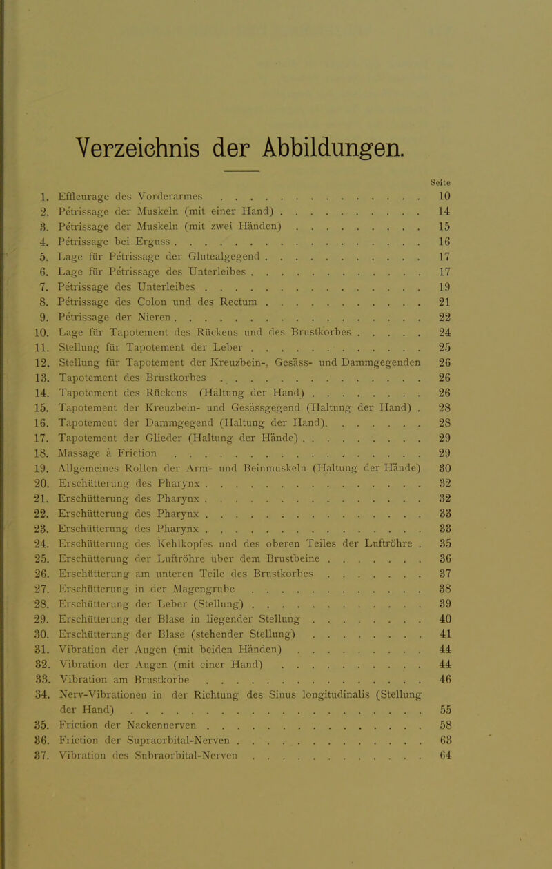 Verzeichnis der Abbildungen. Seite 1. Effleurage des Vorderarmes 10 2. Pctrissage der Muskeln (mit einer Hand) 14 3. Petrissage der Muskeln (mit zwei Händen) 15 4. Petrissage bei Erguss 16 5. Lage für Petrissage der Glutealgegend 17 6. Lage für Petrissage des Unterleibes 17 7. Petrissage des Unterleibes 19 8. Petrissage des Colon und des Rectum 21 9. Petrissage der Nieren 22 10. Lage für Tapotement des Rückens und des Brustkorbes 24 11. Stellung für Tapotement der Leber 25 12. Stellung für Tapotement der Kreuzbein-, Gesäss- und Dammgegenden 26 13. Tapotement des Brustkorbes 26 14. Tapotement des Rückens (Haltung der Pfand) 26 15. Tapotement der Kreuzbein- und Gesässgegend (Haltung der Hand) . 28 16. Tapotement der Dammgegend (Haltung der Pfand) 28 17. Tapotement der Glieder (Haltung der Hände) 29 18. Massage ä Friction 29 19. Allgemeines Rollen der Arm- und Beinmuskeln (Haltung der Hände) 30 20. Erschütterung des Pharynx 32 21. Erschütterung des Pharynx 32 22. Erschütterung des Pharynx 33 23. Erschütterung des Pharynx 33 24. Erschütterung des Kehlkopfes und des oberen Teiles der Luftröhre . 35 25. Erschütterung der Luftröhre über dem Brustbeine 36 26. Erschütterung am unteren Teile des Brustkorbes 37 27. Ei-schütterung in der Magengrube 38 28. Erschütterung der Leber (Stellung) 39 29. Erschütterung der Blase in liegender Stellung 40 30. Erschütterung der Blase (stehender Stellung) 41 31. Vibration der Augen (mit beiden Händen) 44 32. Vibration der Augen (mit einer Hand) 44 33. Vibration am Brustkorbe 46 34. Nerv-Vibrationen in der Richtung des Sinus longitudinalis (Stellung der Hand) 55 35. Friction der Nackennerven 58 36. Friction der Supraorbital-Nerven 63 37. Vibration des Subraorbital-Nerven 64