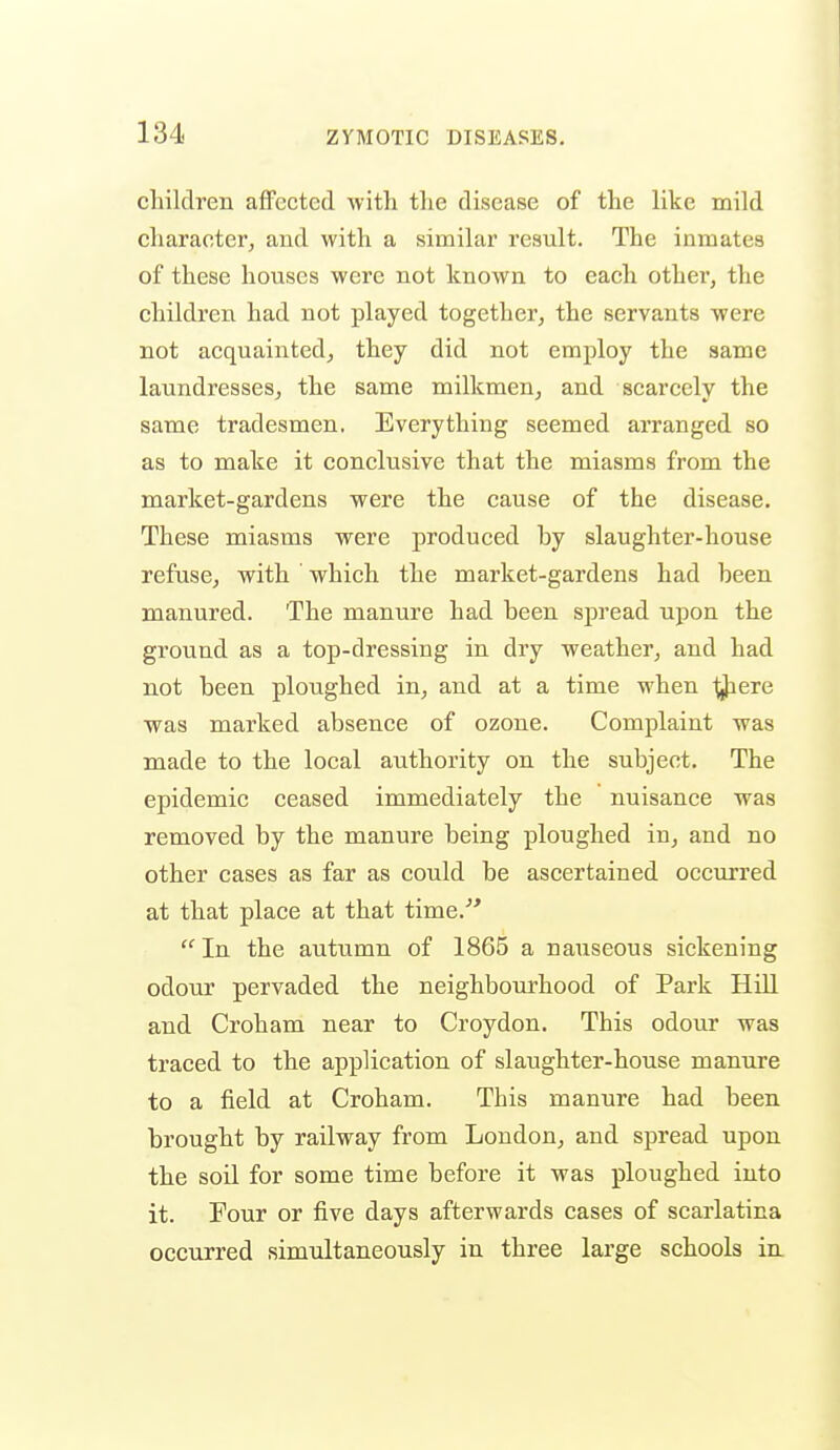 children affected with the disease of the like mild character, and with a similar result. The inmates of these houses were not known to each other, the children had not played together, the servants were not acquainted, they did not employ the same laundresses, the same milkmen, and scarcely the same tradesmen. Everything seemed arranged so as to make it conclusive that the miasms from the market-gardens were the cause of the disease. These miasms were produced by slaughter-house refuse, with which the market-gardens had been manured. The manure had been spread upon the ground as a top-dressing in dry weather, and had not been ploughed in, and at a time when t^ere was marked absence of ozone. Complaint was made to the local authority on the subject. The epidemic ceased immediately the nuisance was removed by the manure being ploughed in, and no other cases as far as could be ascertained occurred at that place at that time.'''  In the autumn of 1865 a nauseous sickening odour pervaded the neighbom'hood of Park Hill and Croham near to Croydon. This odour was traced to the application of slaughter-house manure to a field at Croham. This manure had been brought by railway from London, and spread upon the soil for some time before it was ploughed into it. Four or five days afterwards cases of scarlatina occurred simultaneously in three large schools in