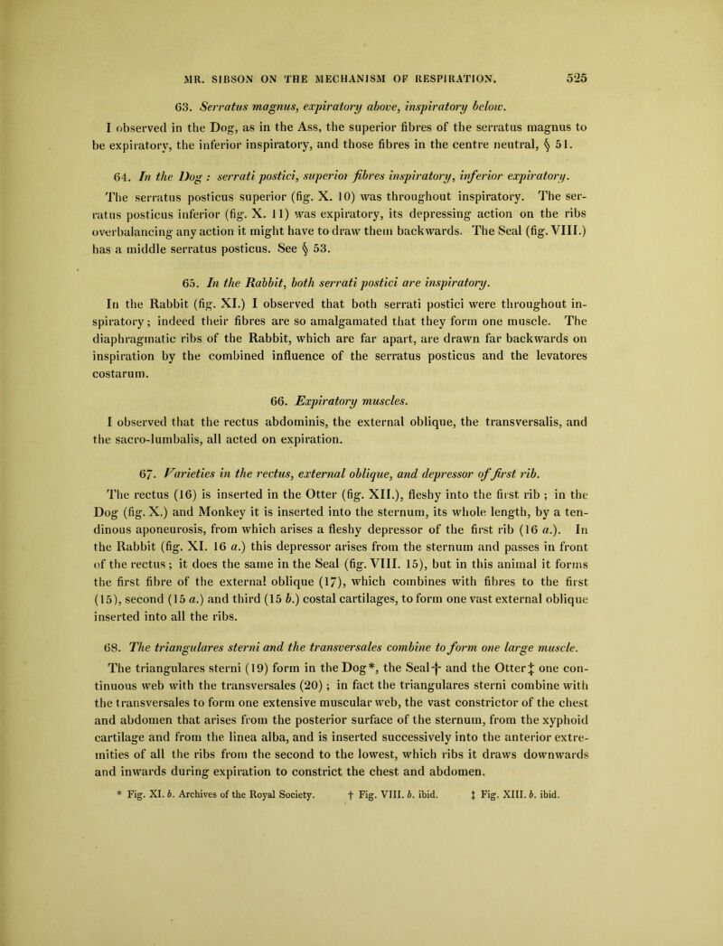 63. Serratus magnus, expiratory above, inspiratory below. I observed in the Dog, as in the Ass, the superior fibres of the serratus magnus to be expiratory, the inferior inspiratory, and those fibres in the centre neutral, § 51. 64. In the Dog : serrati postici, superioi fibres inspiratory, inferior expiratory. The serratus posticus superior (fig. X. 10) was throughout inspiratory. The ser- ratus posticus inferior (fig. X. 11) was expiratory, its depressing action on the ribs overbalancing any action it might have to draw them backwards. The Seal (fig. VIII.) has a middle serratus posticus. See § 53. 65. In the Rabbit, both serrati postici are inspiratory. In the Rabbit (fig. XI.) I observed that both serrati postici were throughout in- spiratory; indeed their fibres are so amalgamated that they form one muscle. The diaphragmatic ribs of the Rabbit, which are far apart, are drawn far backwards on inspiration by the combined influence of the serratus posticus and the levatores costarum. 66. Expiratory muscles. I observed that the rectus abdominis, the external oblique, the transversalis, and the sacro-lumbalis, all acted on expiration. 6/. Varieties in the rectus, external oblique, and depressor of first rib. The rectus (16) is inserted in the Otter (fig. XII.), fleshy into the first rib ; in the Dog (fig. X.) and Monkey it is inserted into the sternum, its whole length, by a ten- dinous aponeurosis, from which arises a fleshy depressor of the first rib (16 a.). In the Rabbit (fig. XI. 16 a.) this depressor arises from the sternum and passes in front of the rectus ; it does the same in the Seal (fig. VIII. 15), but in this animal it forms the first fibre of the external oblique (17), which combines with fibres to the first (15), second (15 a.) and third (15 b.) costal cartilages, to form one vast external oblique inserted into all the ribs. 68. The triangulares sterni and the transversales combine to form one large muscle. The triangulares sterni (19) form in the Dog*, the Seal-f~ and the Otter;}; one con- tinuous web with the transversales (20); in fact the triangulares sterni combine with the transversales to form one extensive muscular web, the vast constrictor of the chest and abdomen that arises from the posterior surface of the sternum, from the xyphoid cartilage and from the linea alba, and is inserted successively into the anterior extre- mities of all the ribs from the second to the lowest, which ribs it draws downwards and inwards during expiration to constrict the chest and abdomen.