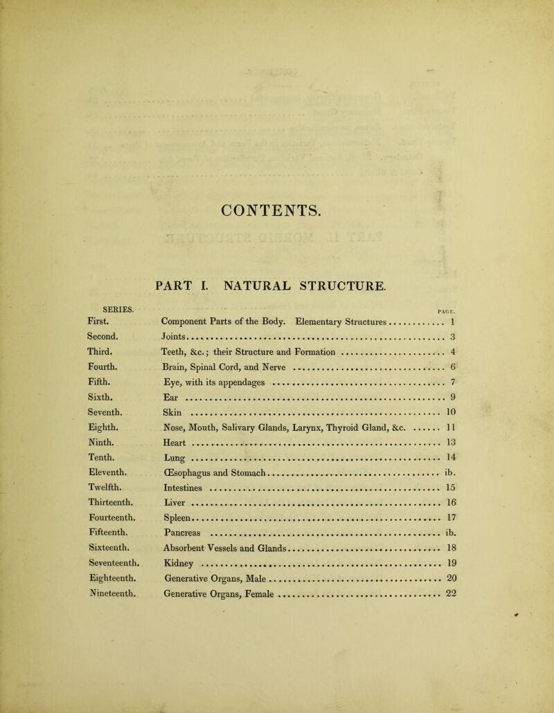 CONTENTS. PART I. NATURAL STRUCTURE. SERIES. page. First. Component Parts of the Body. Elementary Structures 1 Second. Joints.... 3 Third. Teeth, &c.; their Structure and Formation 4 Fourth. Brain, Spinal Cord, and Nerve 6 Fifth. Eye, with its appendages 7 Sixth. Ear 9 Seventh. Skin 10 Eighth. Nose, Mouth, Salivary Glands, Larynx, Thyroid Gland, &c 11 Ninth. Heart 13 Tenth. Lung 14 Eleventh. CEsophagus and Stomach ib. Twelfth. Intestines 15 Thirteenth. Liver 16 Fourteenth. Spleen 17 Fifteenth. Pancreas ib. Sixteenth. Absorbent Vessels and Glands 18 Seventeenth. Kidney 19 Eighteenth. Generative Organs, Male 20 Nineteenth. Generative Organs, Female 22