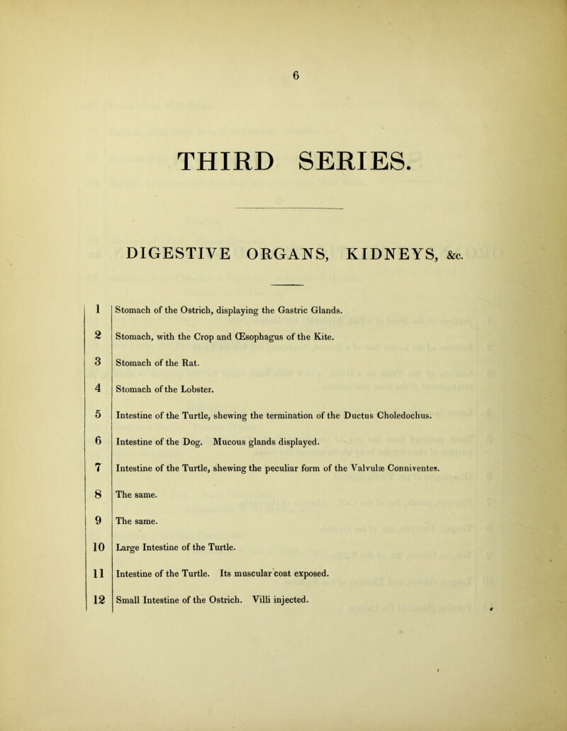 THIRD SERIES. DIGESTIVE ORGANS, KIDNEYS, &c. 1 2 3 4 5 6 7 8 9 10 11 12 Stomach of the Ostrich, displaying the Gastric Glands. Stomach, with the Crop and CEsophagus of the Kite. Stomach of the Rat. Stomach of the Lobster. Intestine of the Turtle, shewing the termination of the Ductus Choledochus. Intestine of the Dog. Mucous glands displayed. Intestine of the Turtle, shewing the peculiar form of the Valvulae Conniventes. The same. The same. Large Intestine of the Turtle. Intestine of the Turtle. Its muscular coat exposed. Small Intestine of the Ostrich. Villi injected. €