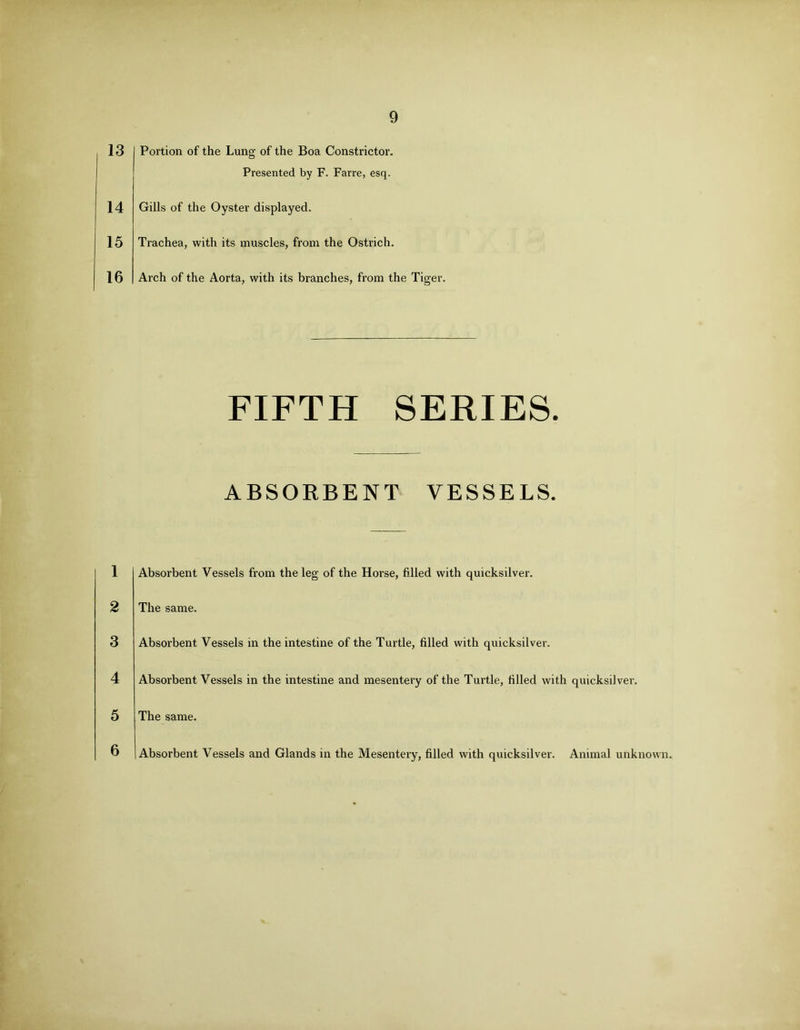 13 14 15 16 Portion of the Lung of the Boa Constrictor. Presented by F. Farre, esq. Gills of the Oyster displayed. Trachea, with its muscles, from the Ostrich. Arch of the Aorta, with its branches, from the Tiger. FIFTH SERIES. ABSORBENT VESSELS. 1 2 3 4 5 Absorbent Vessels from the leg of the Horse, filled with quicksilver. The same. Absorbent Vessels in the intestine of the Turtle, filled with quicksilver. Absorbent Vessels in the intestine and mesentery of the Turtle, filled with quicksilver. The same. 6 Absorbent Vessels and Glands in the Mesentery, filled with quicksilver. Animal unknown.