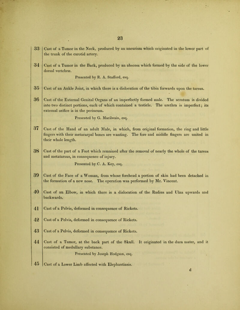 33 34 35 36 3T 38 39 40 41 42 43 44 Cast of a Tumor in the Neck, produced by an aneurism which originated in the lower part of the trunk of the carotid artery. Cast of a Tumor in the Back, produced by an abscess which formed by the side of the lower dorsal vertebrae. Presented by R. A. Stafford, esq. Cast of an Ankle Joint, in which there is a dislocation of the tibia forwards upon the tarsus. Cast of the External Genital Organs of an imperfectly formed male. The scrotum is divided into two distinct portions, each of which contained a testicle. The urethra is imperfect; its external orifice is in the perineum. Presented by G. Macilwain, esq. Cast of the Hand of an adult Male, in which, from original formation, the ring and little fingers with their metacarpal bones are wanting. The fore and middle fingers are united in their whole length. Cast of the part of a Foot which remained after the removal of nearly the whole of the tarsus and metatarsus, in consequence of injury. Presented by C. A. Key, esq. Cast of the Face of a Woman, from whose forehead a portion of skin had been detached in the formation of a new nose. The operation was performed by Mr. Vincent. Cast of an Elbow, in which there is a dislocation of the Radius and Ulna upwards and backwards. Cast of a Pelvis, deformed in consequence of Rickets. Cast of a Pelvis, deformed in consequence of Rickets. Cast of a Pelvis, deformed in consequence of Rickets. Cast of a Tumor, at the back part of the Skull. It originated in the dura mater, and it consisted of medullary substance. Presented by Joseph Hodgson, esq. 45 Cast of a Lower Limb affected with Elephantiasis. d