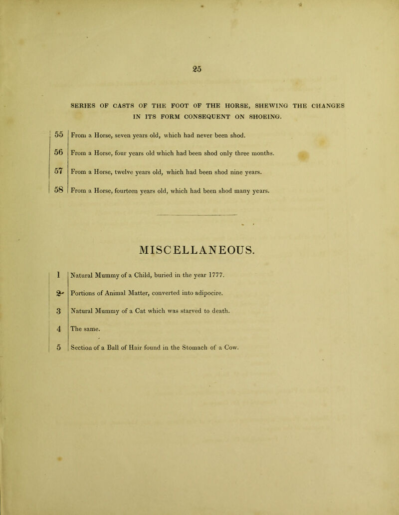 SERIES OF CASTS OF THE FOOT OF THE HORSE, SHEWING THE CHANGES IN ITS FORM CONSEQUENT ON SHOEING. From a Horse, seven years old, which had never been shod. From a Horse, four years old which had been shod only three months. From a Horse, twelve years old, which had been shod nine years. From a Horse, fourteen years old, which had been shod many years. MISCELLANEOUS. Natural Mummy of a Child, buried in the year 1777. Portions of Animal Matter, converted into adipocire. Natural Mummy of a Cat which was starved to death. The same. Section of a Ball of Hair found in the Stomach of a Cow.