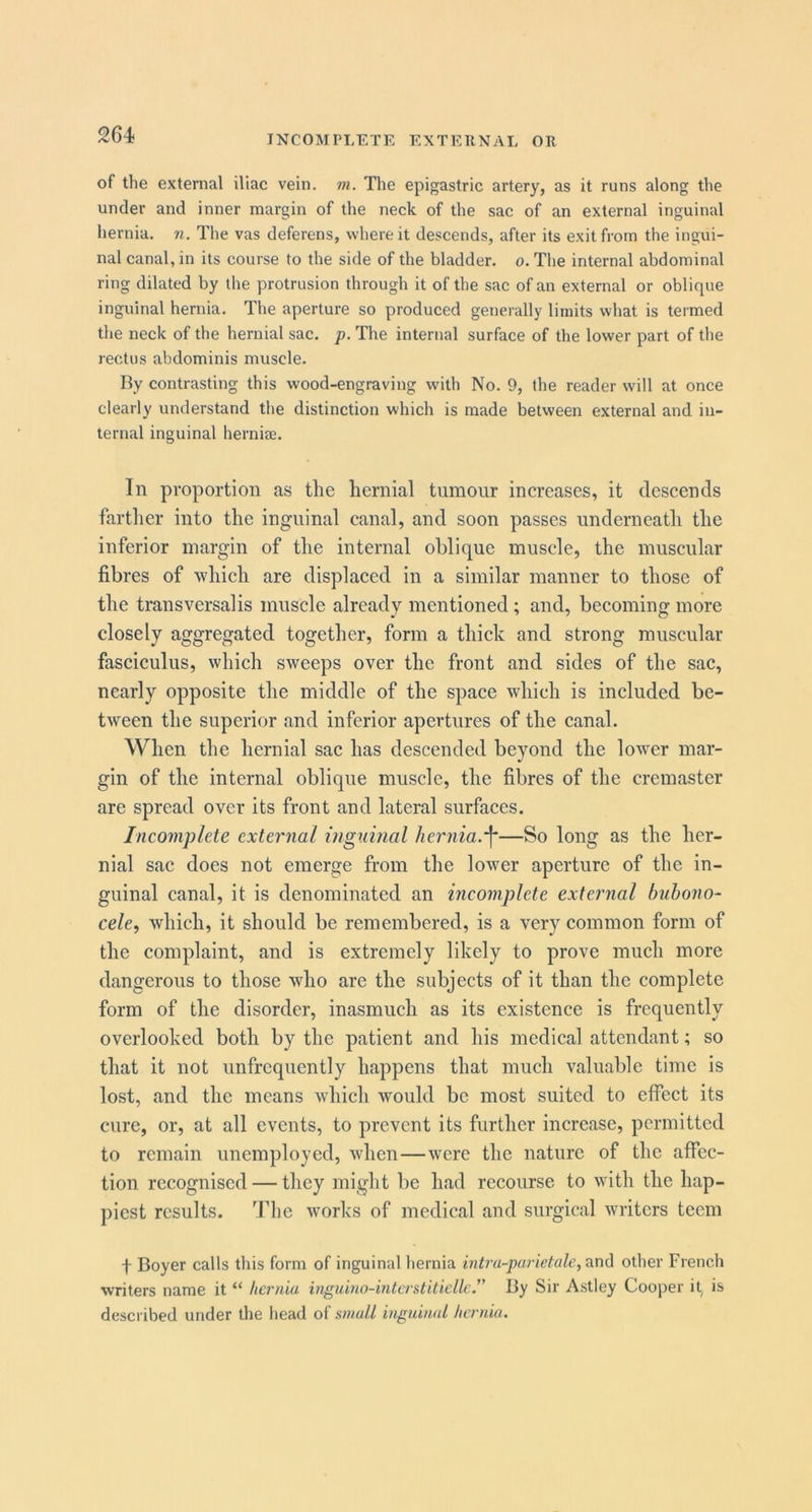 of the external iliac vein. vi. The epigastric artery, as it runs along the under and inner margin of the neck of the sac of an external inguinal hernia, n. Tlie vas deferens, where it descends, after its exit from the ingui- nal canal, in its course to the side of the bladder, o. The internal abdominal ring dilated by the protrusion through it of the sac of an external or oblique inguinal hernia. The aperture so produced generally limits what is termed the neck of the hernial sac. p. The internal surface of the lower part of the rectus abdominis muscle. By contrasting this wood-engraving with No. 9, the reader will at once clearly understand the distinction which is made between external and in- ternal inguinal herniae. Ill proportion as the hernial tumour increases, it descends farther into the inguinal canal, and soon passes underneath the inferior margin of the internal oblique muscle, the muscular fibres of which are displaced in a similar manner to those of the transversal is muscle already mentioned; and, becoming more closely aggregated together, form a thick and strong muscular fasciculus, which sweeps over the front and sides of the sac, nearly opposite the middle of the space which is included be- tween the superior and inferior apertures of the canal. When the hernial sac has descended beyond the lower mar- gin of the internal oblique muscle, the fibres of the cremaster are spread over its front and lateral surfaces. Incomjjlete external inguinal hernia.'\—So long as the her- nial sac does not emerge from the lower aperture of the in- guinal canal, it is denominated an incomplete external bubono- cele, which, it should be remembered, is a very common form of the complaint, and is extremely likely to prove much more dangerous to those who are the subjects of it than the complete form of the disorder, inasmuch as its existence is frequently overlooked both by the patient and his medical attendant; so that it not unfrequently happens that much valuable time is lost, and the means which would be most suited to effect its cure, or, at all events, to prevent its further increase, permitted to remain unemployed, when—were the nature of the affec- tion recognised — they might be had recourse to with the hap- piest results. The works of medical and surgical writers teem t Boyer calls this form of inguinal hernia and other French writers name it “ hernia inguino-interstitiellc. By Sir Astley Cooper it, is described under the head of wiulL inguinal hernia.