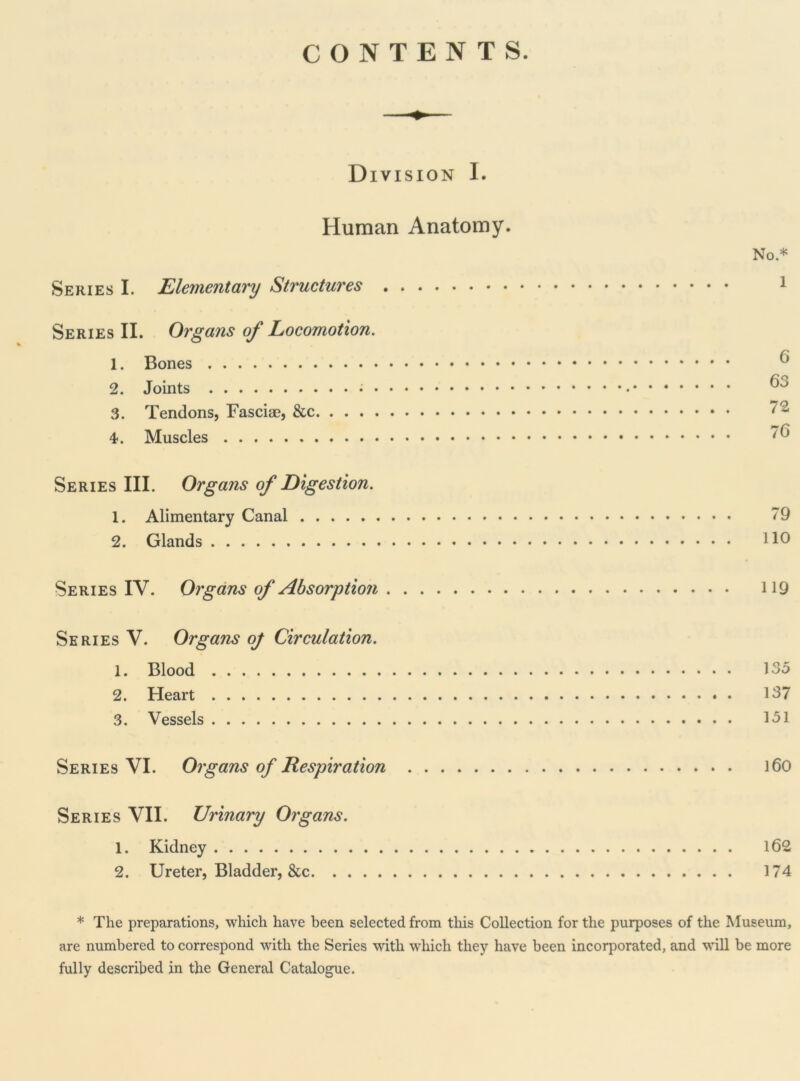 CONTENTS. Division I. Human Anatomy. Series I. Elementary Structures Series II. Organs of Locomotion. 1. Bones 2. Joints 3. Tendons, Fasciae, &c 4. Muscles Series III. Organs of Digestion. 1. Alimentary Canal 2. Glands No.* 1 6 63 72 76 79 110 Series IV. Organs of Absorption 119 Series V. Organs oj Circulation. 1. Blood 135 2. Heart 137 3. Vessels 151 Series VI. Organs of Respiration 160 Series VII. Urinary Organs. 1. Kidney 162 2. Ureter, Bladder, &c 174 * The preparations, which have been selected from this Collection for the purposes of the Museum, are numbered to correspond with the Series with which they have been incorporated, and will be more fully described in the General Catalogue.