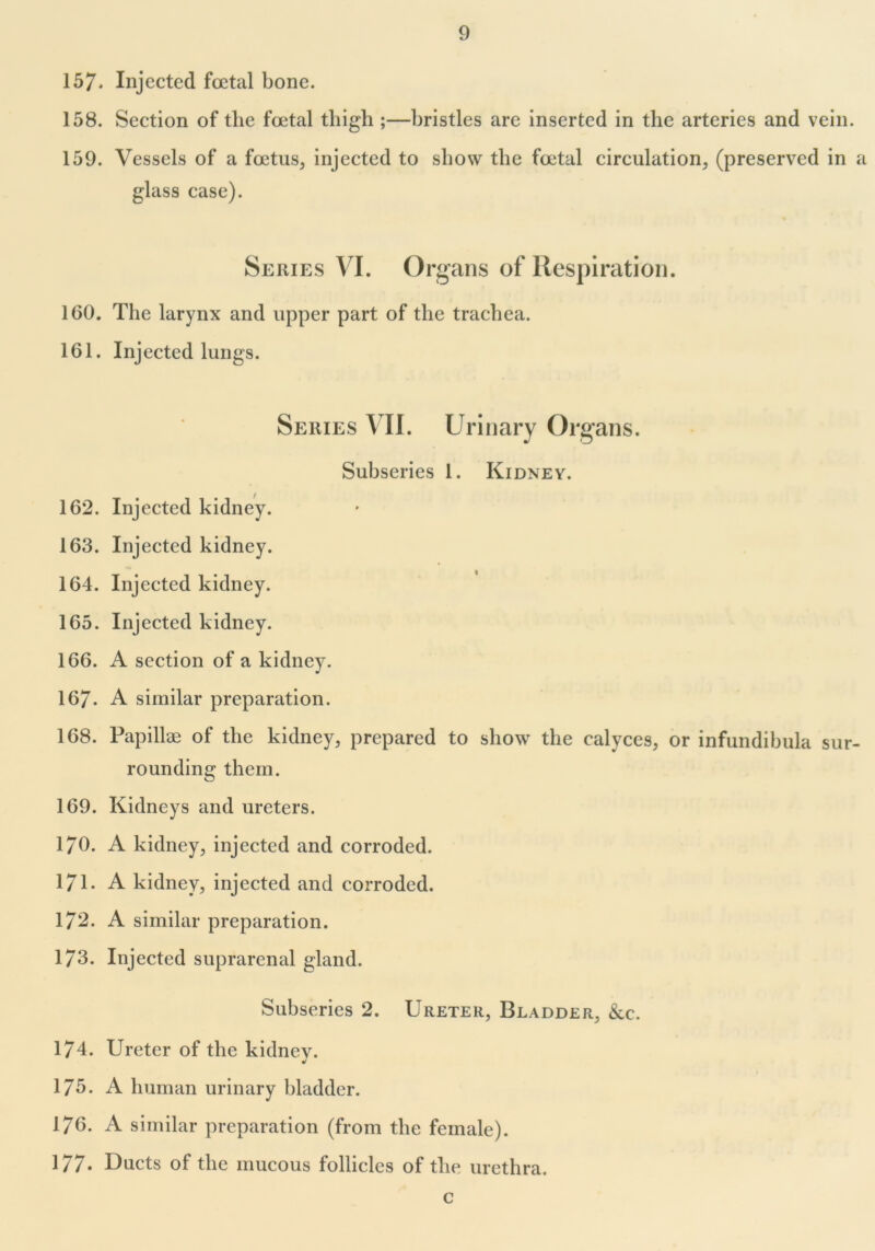 157> Injected foetal bone. 158. Section of the foetal thigh ;—bristles are inserted in the arteries and vein. 159. Vessels of a foetus, injected to show the foetal circulation, (preserved in a glass case). Series VI. Organs of Respiration. 160. The larynx and upper part of the trachea. 161. Injected lungs. Series VII. Urinary Organs. Subseries 1. Kidney. 162. Injected kidney. 163. Injected kidney. 164. Injected kidney. 165. Injected kidney. 166. A section of a kidney. 167- A similar preparation. 168. Papillae of the kidney, prepared to show the calyces, or infundibula sur- rounding them. 169. Kidneys and ureters. 170. A kidney, injected and corroded. 171. A kidney, injected and corroded. 172. A similar preparation. 173. Injected suprarenal gland. Subseries 2. Ureter, Bladder, &c. 174. Ureter of the kidney. 176. A human urinary bladder. 176. A similar preparation (from the female). 177. Ducts of the mucous follicles of the urethra. c