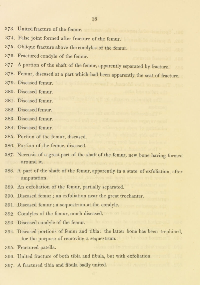 373. United fracture of the femur. 374. False joint formed after fracture of the femur. 375. Oblique fracture above the condyles of the femur. 376. Fractured condyle of the femur. 3//. A portion of the shaft of the femur, apparently separated by fracture. 378. Femur, diseased at a part which had been apparently the seat of fracture. 379. Diseased femur. 380. Diseased femur. 381. Diseased femur. 382. Diseased femur. 383. Diseased femur. 384. Diseased femur. 385. Portion of the femur, diseased. 386. Portion of the femur, diseased. 387* Necrosis of a great part of the shaft of the femur, new bone having formed around it. 388. A part of the shaft of the femur, apparently in a state of exfoliation, after amputation. 389. An exfoliation of the femur, partially separated. 390. Diseased femur ; an exfoliation near the great trochanter. 391. Diseased femur; a sequestrum at the condyle. 392. Condyles of the femur, much diseased. 393. Diseased condyle of the femur. 394. Diseased portions of femur and tibia: the latter bone has been trephined, for the purpose of removing a sequestrum. 395. Fractured patella. 9 396. United fracture of both tibia and fibula, but with exfoliation. 397. A fractured tibia and fibula badly united.