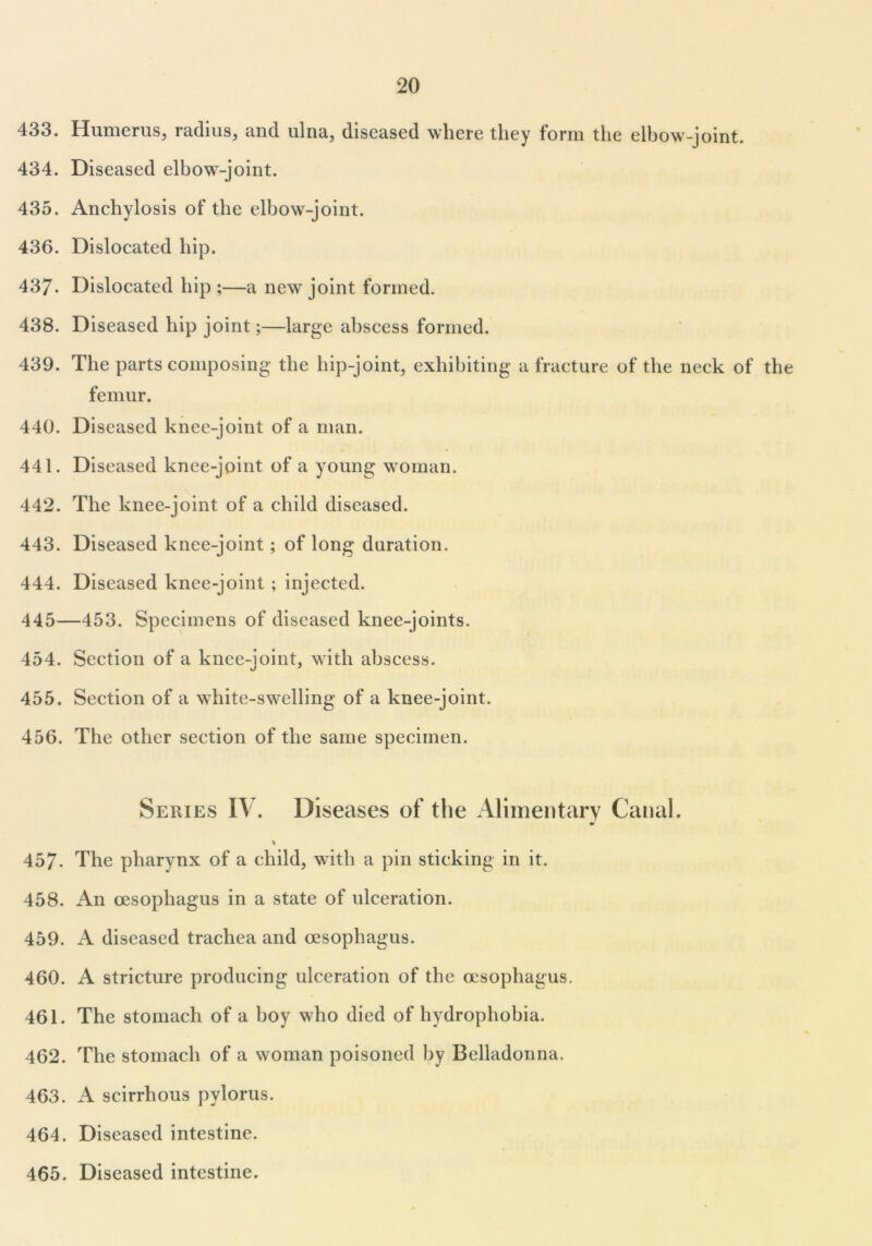 433. Humerus, radius, and ulna, diseased where they form the elbow-joint. 434. Diseased elbow-joint. 435. Anchylosis of the elbow-joint. 436. Dislocated hip. 437- Dislocated hip ;—a new joint formed. 438. Diseased hip joint;—large abscess formed. 439. The parts composing the hip-joint, exhibiting a fracture of the neck of the femur. 440. Diseased knee-joint of a man. 441. Diseased knee-joint of a young woman. 442. The knee-joint of a child diseased. 443. Diseased knee-joint; of long duration. 444. Diseased knee-joint ; injected. 445—453. Specimens of diseased knee-joints. 454. Section of a knee-joint, with abscess. 455. Section of a white-swelling of a knee-joint. 456. The other section of the same specimen. Series IV. Diseases of the Alimentary Canal. % 457. The pharynx of a child, with a pin sticking in it. 458. An oesophagus in a state of ulceration. 459. A diseased trachea and oesophagus. 460. A stricture producing ulceration of the oesophagus. 461. The stomach of a boy who died of hydrophobia. 462. The stomach of a woman poisoned by Belladonna. 463. A scirrhous pylorus. 464. Diseased intestine. 465. Diseased intestine.