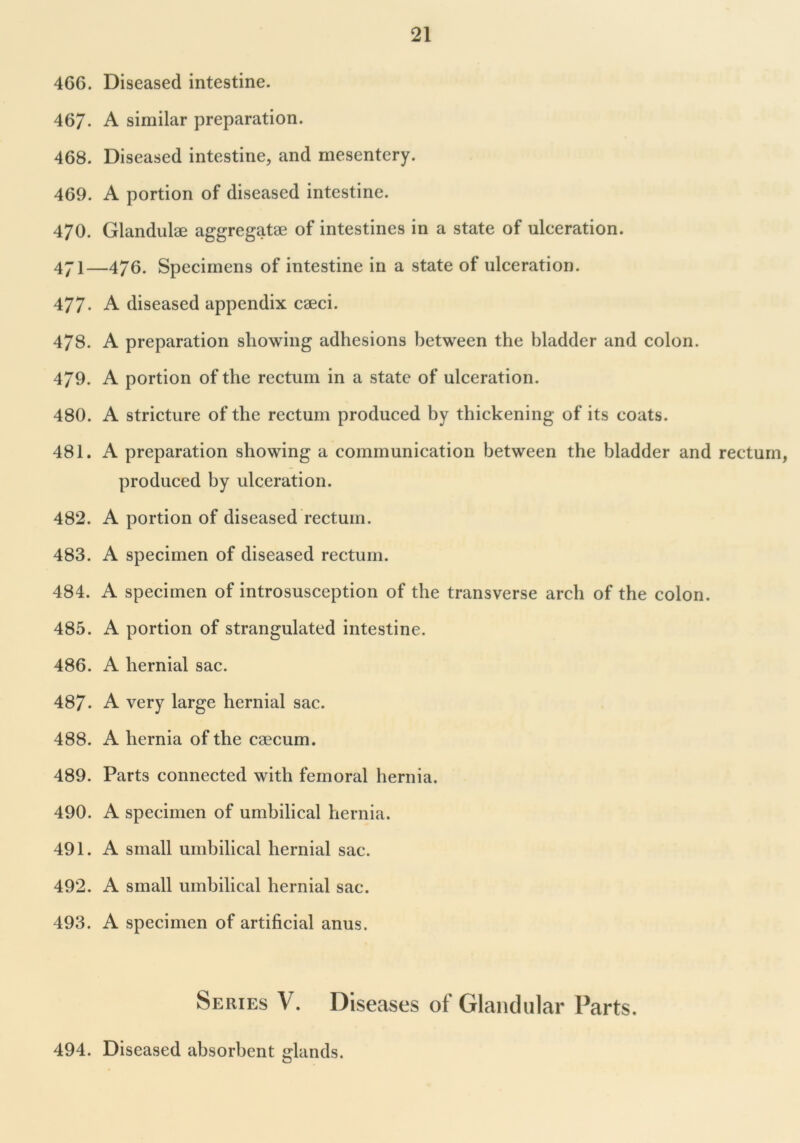 4G6. Diseased intestine. 467- A similar preparation. 468. Diseased intestine, and mesentery. 469. A portion of diseased intestine. 470. Glandulae aggregatae of intestines in a state of ulceration. 471—476. Specimens of intestine in a state of ulceration. 477- A diseased appendix caeci. 478. A preparation showing adhesions between the bladder and colon. 479. A portion of the rectum in a state of ulceration. 480. A stricture of the rectum produced by thickening of its coats. 481. A preparation showing a communication between the bladder and rectum, produced by ulceration. 482. A portion of diseased rectum. 483. A specimen of diseased rectum. 484. A specimen of introsusception of the transverse arch of the colon. 485. A portion of strangulated intestine. 486. A hernial sac. 487* A very large hernial sac. 488. A hernia of the caecum. 489. Parts connected with femoral hernia. 490. A specimen of umbilical hernia. 491. A small umbilical hernial sac. 492. A small umbilical hernial sac. 493. A specimen of artificial anus. Series V. Diseases of Glandular Parts. 494. Diseased absorbent glands.