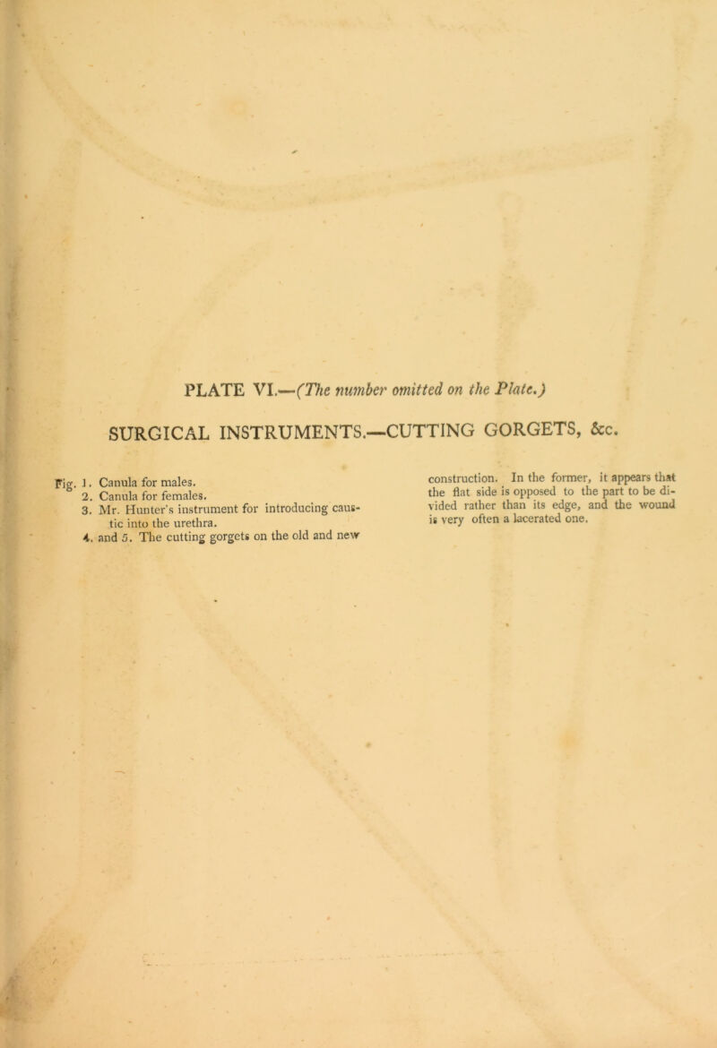 SURGICAL INSTRUMENTS.—CUTTING GORGETS, &c. ]. Canula for males. 2. Canula for females. 3. Mr. Hunter’s instrument for introducing caus- tic into the urethra. 4. and 5. The cutting gorgets on the old and new construction. In the former, it appears that the flat side is opposed to the part to be di- vided rather than its edge, and the wound is very often a lacerated one.