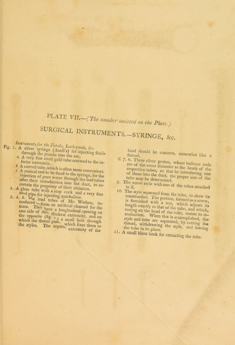 i LA FE yrr rrpi , 11—( The numbei SURGICAL INSTRUMEN Instruments for the Fish,In r 7 F'g- 1. A silver fringe iSil'fw'3'-'^ 4“C' a ^rough the pun.c‘a i-no the sac?*0118 fluids feriov extremity, ‘ S°U tUbe screwed to the in- injection of pure water tl *le ®yr,ngeJ for the after their introduction into“S? th.eleadtub« 3. d/a:1 ^ l^ctingVictiCr. 3 *“ ‘reduced s f0rm , es °f, Mr. Wathen, in- tears. The) u ‘'n artlfi(:ia] channel for the one side of theJlongitudinal opening on the opposite (fig /?est extremity, and on which the thread pasL3 smad h°le through the styles. The supenLdlIcdl ^xes them to extremity of the 7 omitted on the Plate, j TS—SYRINGE, See. head should be concare i funnel. concave, somewhat like 0‘ ofZtZ Zteler'lsZ fT ?S7„Lut£ductthdieby in,“s ™ 0 ‘ube nicy be determined.16 pr°per s ze ‘h to it3reW St} le Wllh olle of the tubes attache. to. The Style separated from the tnK« * . construction. The nnrimr *• U Je* to show it is furnished with a nL °™1(;dasascrew length exactly to that of L7 If adjusls * resting on the head of the tube^’ 3d Wh,ch) troduction. When thu • Ube' resists Jts in- style and tubeare“J3Tpli,hed' lhe thread, withdrawing Pt‘he sfy’Je y “'“.“S t,le the tube in its place8 y’ and having