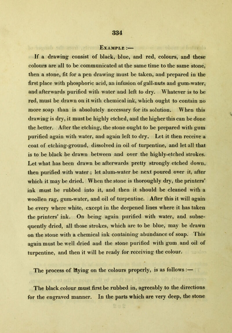 Example:— If a drawing consist of black, blue, and red, colours, and these colours are all to be communicated at the same time to the same stone, then a stone, fit for a pen drawing must be taken, and prepared in the first place with phosphoric acid, an infusion of gall-nuts and gum-water, and afterwards purified with water and left to dry. Whatever is to be red, must be drawn on it with chemical ink, which ought to contain no more soap than is absolutely necessary for its solution. When this drawing is dry, it must be highly etched, and the higher this can be done the better. After the etching, the stone ought to be prepared with gum purified again with water, and again left to dry. Let it then receive a coat of etching-ground, dissolved in oil of turpentine, and let all that is to be black be drawn between and over the highly-etched strokes. Let what has been drawn be afterwards pretty strongly etched down, then purified with water ; let alum-water be next poured over it, after which it may be dried. When the stone is thoroughly dry, the printers’ ink must be rubbed into it, and then it should be cleaned with a woollen rag, gum-water, and oil of turpentine. After this it will again be every where white, except in the deepened lines where it has taken the printers’ ink. On being again purified with water, and subse- quently dried, all those strokes, which are to be blue, may be drawn on the stone with a chemical ink containing abundance of soap. This again must be well dried and the stone purified with gum and oil of turpentine, and then it will be ready for receiving the colour. The process of laying on the colours properly, is as follows :— The black colour must first be rubbed in, agreeably to the directions for the engraved manner. In the parts which are very deep, the stone