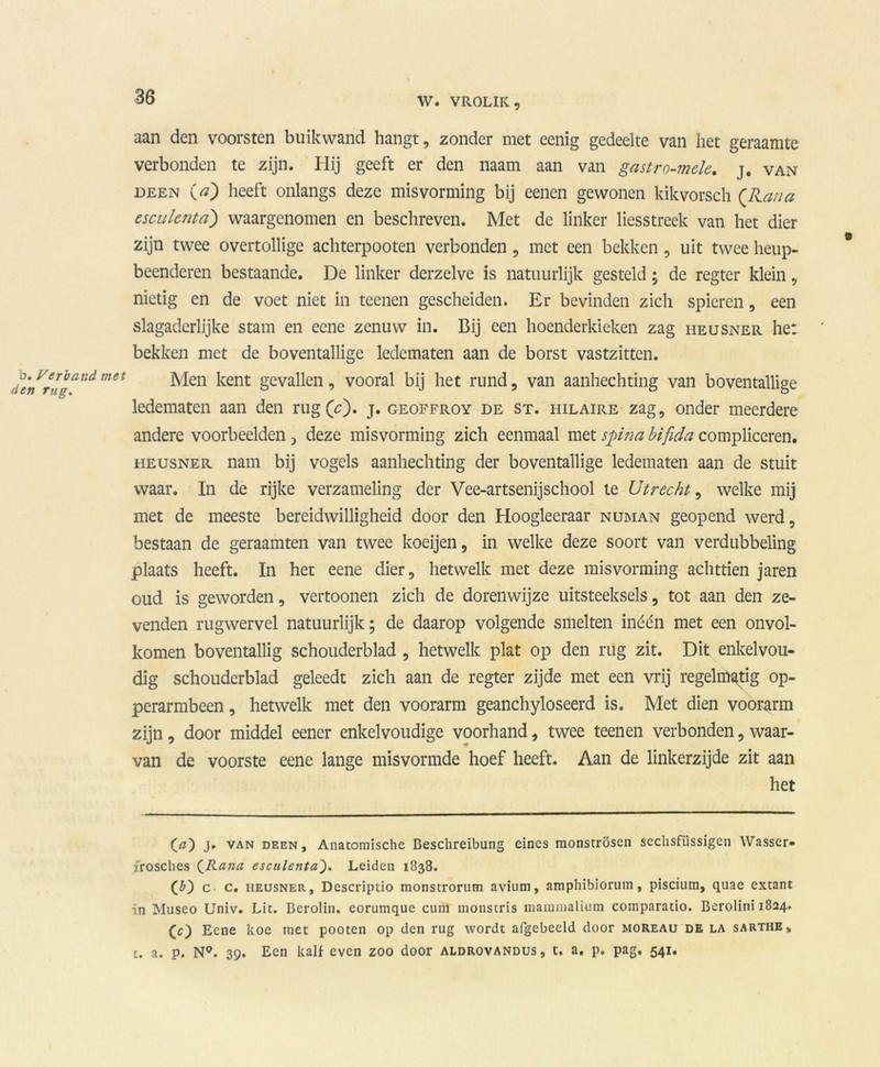 b. Verband met den rug. 36 W. VR0LIK. , aan den voorsten buikwand hangt, zonder met eenig gedeelte van het geraamte verbonden te zijn. Hij geeft er den naam aan van gastro-mele. j. van deen O) heeft onlangs deze misvorming bij eenen gewonen kikvorsch ('Rana escuhnta) waargenomen en beschreven. Met de linker liesstreek van het dier zijn twee overtollige achterpooten verbonden, met een bekken , uit twee heup- beenderen bestaande. De linker derzelve is natuurlijk gesteld; de regter klein, nietig en de voet niet in teenen gescheiden. Er bevinden zich spieren, een slagaderlijke stam en eene zenuw in. Bij een hoenderkieken zag heusner he: bekken met de boventallige ledematen aan de borst vastzitten. Men kent gevallen, vooral bij het rund, van aanhechting van boventallige ledematen aan den rug (c). j. geoffroy de st. iiilaire zag, onder meerdere andere voorbeelden 3 deze misvorming zich eenmaal met spina bifida compliceren. heusner nam bij vogels aanhechting der boventallige ledematen aan de stuit waar. In de rijke verzameling der Vee-artsenijschool te Utrecht, welke mij met de meeste bereidwilligheid door den Hoogleeraar numan geopend werd, bestaan de geraamten van twee koeijen, in welke deze soort van verdubbeling plaats heeft. In het eene dier, hetwelk met deze misvorming achttien jaren oud is geworden, vertoonen zich de dorenwijze uitsteeksels, tot aan den ze- venden rugwervel natuurlijk; de daarop volgende smelten inéén met een onvol- komen boventallig schouderblad , hetwelk plat op den rug zit. Dit enkelvou- dig schouderblad geleedt zich aan de regter zijde met een vrij regelmatig op- perarmbeen, hetwelk met den voorarm geanchyloseerd is. Met dien voorarm zijn, door middel eener enkelvoudige voorhand, twee teenen verbonden, waar- van de voorste eene lange misvormde hoef heeft. Aan de linkerzijde zit aan het j. van deen. Anatomische Beschreibung eines monströscn sechsfüssigen Wasser- trosches (Rana esculenta'). Leiden 1338. (b~) c c. heusner, Descriptio monstrorum avium, ampliibiorum, piscium, quae extant in Museo Univ. Lic. Berolin. eorumque cirnï monstris mammalium comparatio. Berolini 1824. (c) Eene koe met pooten op den rug wordt afgebeeld door moreau de la sarthe» t. a. p. N°. 39. Een kalf even zoo door aldrovandus, t. a. p. pag, 541.