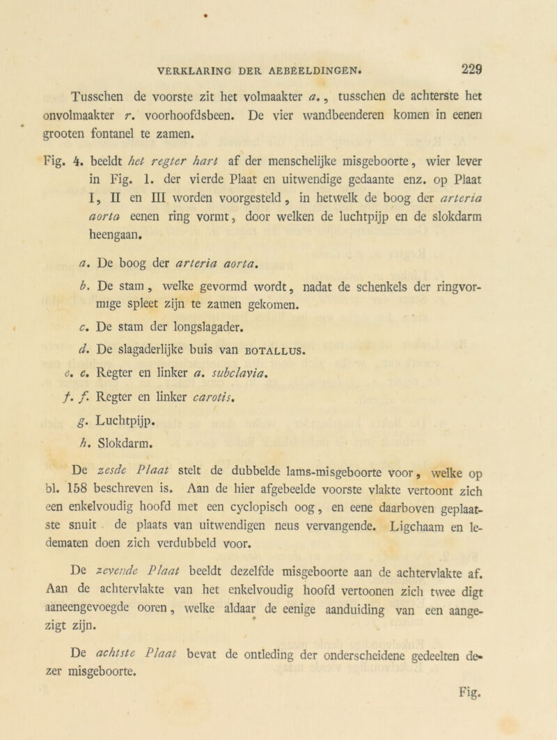 Tusschen de voorste zit het volmaakter a,, tusschen de achterste het onvolmaakter r. voorhoofdsbeen. De vier wandbeenderen komen in eenen grooten fontanel te zamen. Fig. 4. beeldt het regter hart af der menschelijke misgeboorte, wier lever in Fig. 1. der vierde Plaat en uitwendige gedaante enz. op Plaat I, II en III worden voorgesteld , in hetwelk de boog der ar ter ia aorta eenen ring vormt, door welken de luchtpijp en de slokdarm heengaan. a. De boog der arteria aorta. b. De stam, welke gevormd wordt, nadat de schenkels der ringvor- mige spleet zijn te zamen gekomen. c. De stam der longslagader. d. De slagaderlijke buis van botallus. e. e, Regter en linker a. subclavia. ƒ. f Regter en linker ca roti s, g. Luchtpijp. h. Slokdarm. De zesde Plaat stelt de dubbelde lams-misgeboorte voor, welke op bl. 158 beschreven is. Aan de hier afgebeelde voorste vlakte vertoont zich een enkelvoudig hoofd met een cyclopisch oog, en eene daarboven geplaat- ste snuit de plaats van uitwendigen neus vervangende. Ligchaam en le- dematen doen zich verdubbeld voor. De zevende Plaat beeldt dezelfde misgeboorte aan de achtervlakte af. Aan de achtervlakte van het enkelvoudig hoofd vertoonen zich twee digt aaneengevoegde ooren, welke aldaar de eenige aanduiding van een aange- zigt zijn. De achtste Plaat bevat de ontleding der onderscheidene gedeelten de- zer misgeboorte.