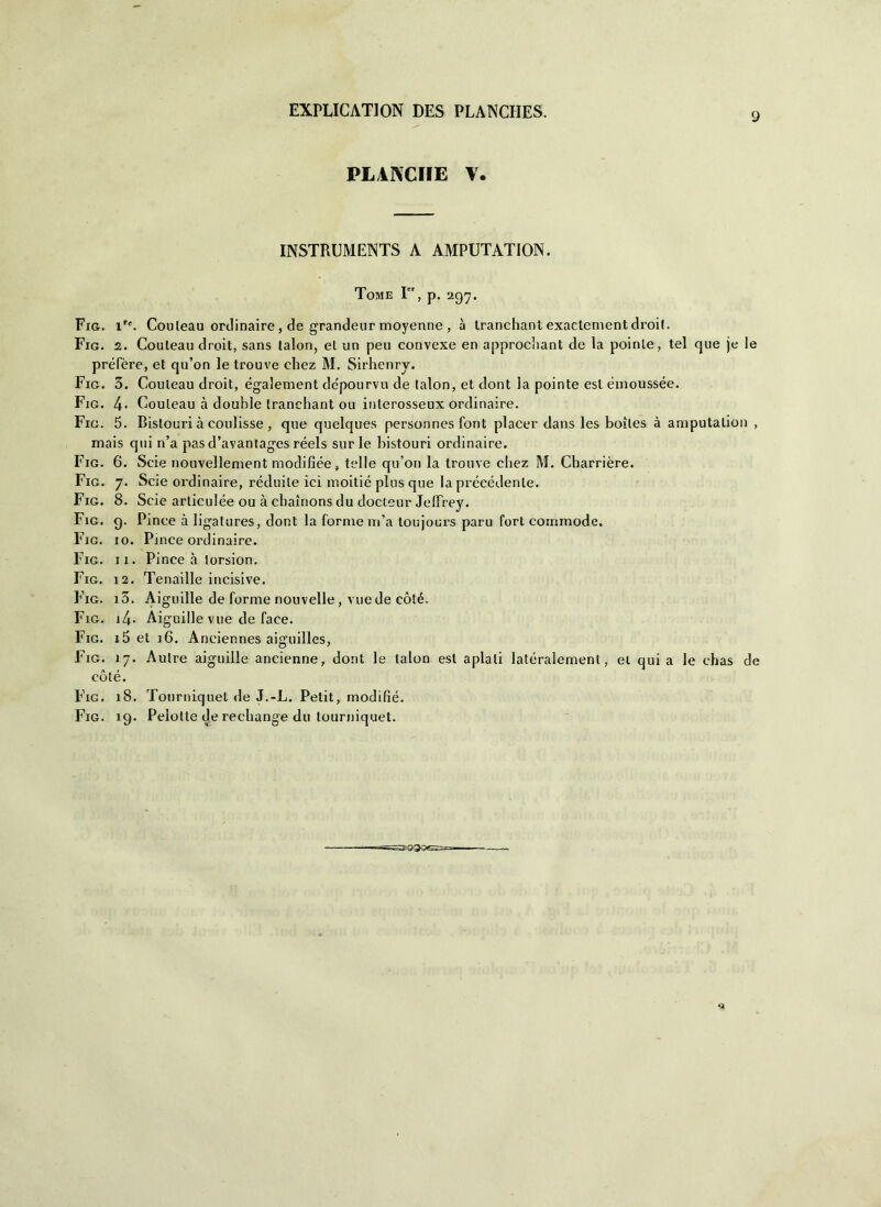 9 PLANCHE V. INSTRUMENTS A AMPUTATION. Tome I, p. 297. Fio. i*e. Couleau ordinaire, de grandeur moyenne , à tranchant exactement droit. Fig. 2. Couleau droit, sans talon, et un peu convexe en approcliant de la poinle, tei que je le préfère, et qu’on le trouve chez M. Sirhenry. Fig. 3. Couleau droit, également dcpourvu de talon, et dont la pointe est émoussée. Fig. 4- Couleau à doublé tranchant ou interosseux ordinaire. Fio. 5. Bislouri à coulisse , que quelques personnes font piacer dans les boìles à aniputalion , mais qui n’a pas d’avantages réels sur le bistouri ordinaire. Fig. 6. Scie nouvellement modifiée, telle qu’on la trouve chez M. Charrière. Fig. 7. Scie ordinaire, réduile ici moitié plus que la précédente. Fig. 8. Scie articulée ou à chaìnons du docteur JelFrey. Fig. g. Pince à ligatures, doni la forme m’a loujours paru fort commode. Fig. io. Pince ordinaire. Fig. 11. Pince à torsion, Fig. 12. Tenaille incisive. Fig. i3. Aiguille de forme nouvelle, mede coté. Fig. i4- Aiguille vue de face. Fig. i5 et 16. Anciennes aiguilles, Fig. 17. Autre aiguille ancienne, dont le talon est aplali latéralement, et quia le chas de coté. Fig. 18. Tourniquet de J.-L. Petit, modilìé. Fig. 19. Peìotte de rechange du tourniquet.