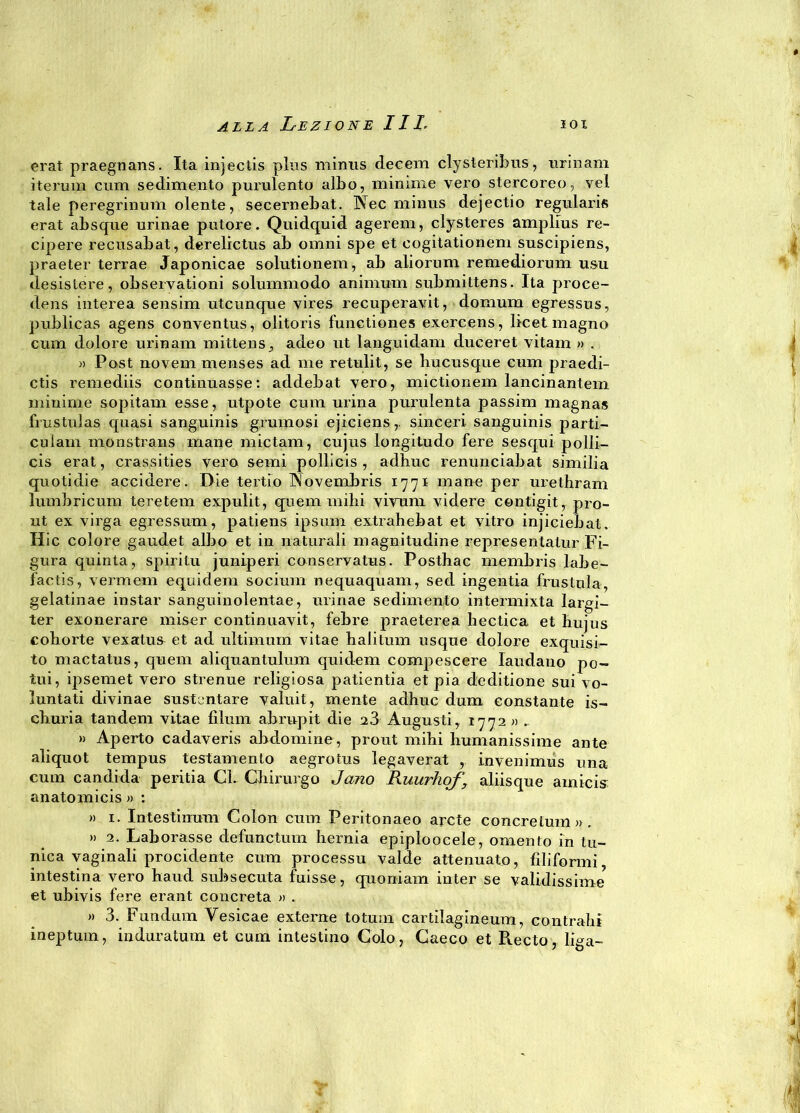 erat praegnans. Ita injectis plus minus decem clysteribus, urinam iterum curri sedimento purulento albo, minime vero stercoreo, vel tale peregrinum olente, secernebat. Nec minus dejectio regularis erat absque urinae putore. Quidquid agerem, clysteres amplius re- cipere recusabat, derelictus ab ornili spe et cogitationem suscipiens, praeter terrae Japonicae solutionem, ab aliorum remediorum usu desistere, observationi solummodo animum submittens. Ita proce- dens interea sensim utcunque vires recuperavit, domum egressus, publicas agens conyentus, olitoris functiones exercens, licet magno cum dolore urinam mittens, adeo ut languidam duceret vitam » . » Post novera menses ad me retulit, se hucusque cum praedi- ctis remediis continuasse: addebat vero, mictionem lancinantem minime sopitami esse, utpote cum urina purulenta passim magna* frustulas quasi sanguinis grumosi ejiciens,, sinceri sanguinis parti- colari! monstrans mane mictam, cujus longitudo fere sesqui polli— cis erat, crassities vero semi pollicis , adirne renunciabat similia quotidie accidere. Die tertio Wovembris 1771 mane per urethram lumbricum teretem expulit, quem mihi vivimi videro contigit, pro- ut ex virga egressum, patiens ipsum extrahebat et vitro injiciebat. Hic colore gaudet albo et in naturali magnitudine representalur Fi- gura quinta, spiritu juniperi conservatus. Posthac membris labe- factis, vermem equidem sociuin nequaquam, sed ingentia frustula, gelatinae instar sanguinolentae, urinae sedimento intermixta largi- ter exonerare miser continuavit, febre praeterea hectica et bujus cohorte vexatus^ et ad ultimum vitae halitum usque dolore exquisi- to mactatus, quem aliquantulum quidem compescere laudano po- tili, qisemet vero strenue religiosa patientia et pia deditione sui vo- luntati divinae sustontare valuit, mente adhuc dum constante is- eburia tandem vitae filum abrupit die 23 Augusti, 1772 » . » Aperto cadaveris abdomine, prout mihi Immanissime ante aliquot tempus testamento aegrotus legaverat , invenimus una cum candida peritia CL Chirurgo Jano Ruurhof \ aliisque amicis anatomicis » : « 1. Intestinum Colon cum Peritonaeo arcte concretum» . » 2. Laborasse defunctum hernia epiploocele, omento in tu- nica vaginali procidente cum processu valde attenuato, filiformi, intestina vero haud subsecuta fuisse, quoniam inter se validissime et ubivis fere erant concreta » . » 3. Fundum Vesicae externe totum cartilagineum, contraili ineptum, iuduratum et cum intestino Colo, Caeco et Recto, liga-