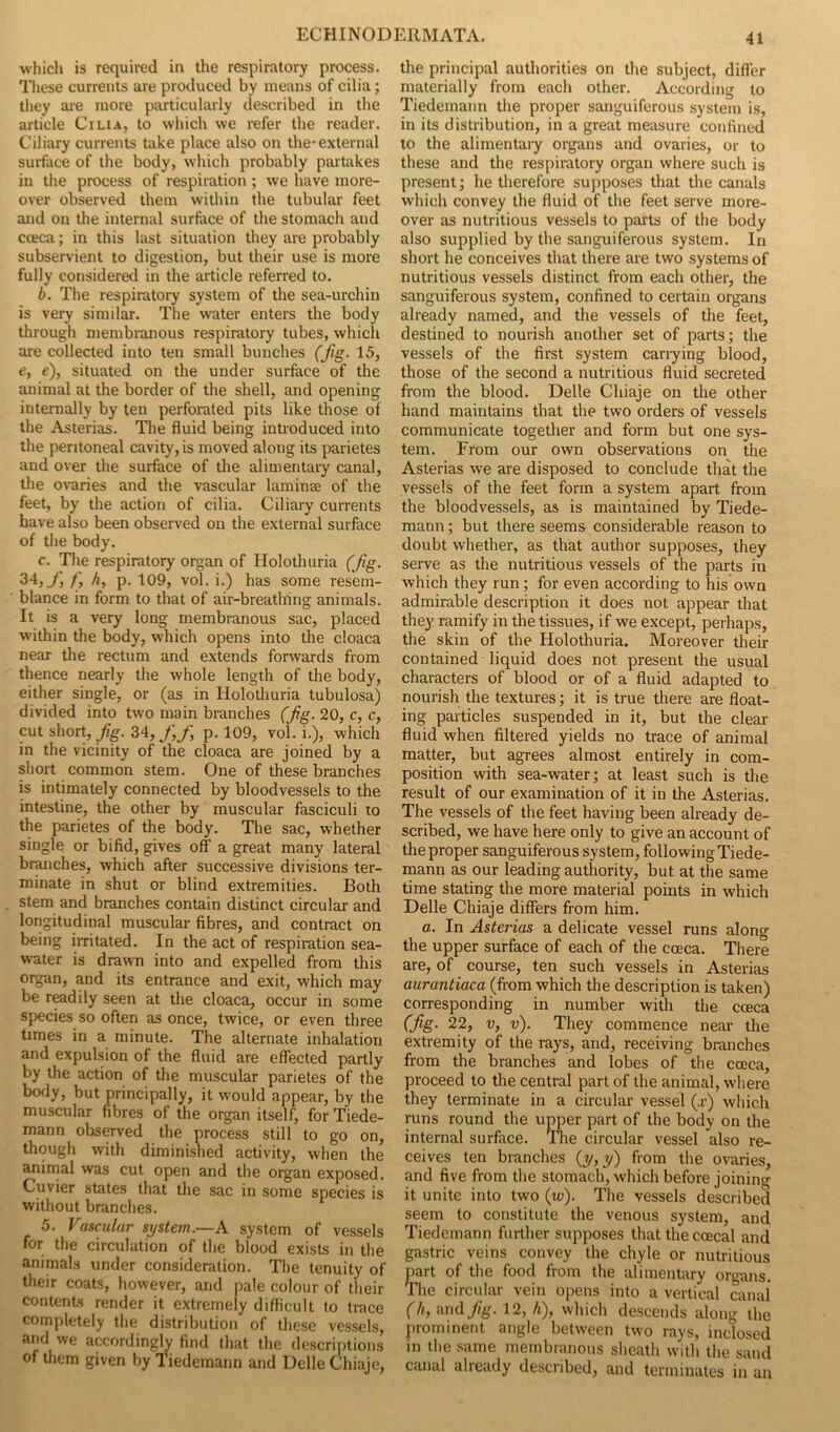 which is required in the respiratory process. These currents are produced by means of cilia; they are more particularly described in the article Cilia, to which we refer the reader. Ciliary currents take place also on the*external surface of the body, which probably partakes in the process of respiration ; we have more- over observed them within the tubular feet and on the internal surface of the stomach and cceca; in this last situation they are probably subservient to digestion, but their use is more fully considered in the article referred to. b. The respiratory system of the sea-urchin is very similar. The water enters the body through membranous respiratory tubes, which are collected into ten small bunches (Jig. 15, e, e), situated on the under surface of the animal at the border of the shell, and opening internally by ten perforated pits like those of the Asterias. The fluid being introduced into the peritoneal cavity, is moved along its parietes and over the surface of the alimentary canal, the ovaries and the vascular laminae of the feet, by the action of cilia. Ciliary currents have also been observed on the external surface of the body. c. The respiratory organ of Holothuria (Jig. 34, /; A, p. 109, vol. i.) has some resem- blance in form to that of air-breathing animals. It is a very long membranous sac, placed within the body, which opens into the cloaca near the rectum and extends forwards from thence nearly the whole length of the body, either single, or (as in Holothuria tubulosa) divided into two main branches (Jig. 20, c, c, cut short, Jig. 34, J\f p. 109, vol. i.), which in the vicinity of the cloaca are joined by a short common stem. One of these branches is intimately connected by bloodvessels to the intestine, the other by muscular fasciculi to the parietes of the body. The sac, whether single or bifid, gives off a great many lateral branches, which after successive divisions ter- minate in shut or blind extremities. Both stem and branches contain distinct circular and longitudinal muscular fibres, and contract on being irritated. In the act of respiration sea- water is drawn into and expelled from this organ, and its entrance and exit, which may be readily seen at the cloaca, occur in some species so often as once, twice, or even three times in a minute. The alternate inhalation and expulsion of the fluid are effected partly by the action of the muscular parietes of the body, but principally, it would appear, by the muscular fibres of the organ itself, for Tiede- mann observed the process still to go on, though with diminished activity, when the animal was cut open and the organ exposed. Cuvier states that the sac in some species is without branches. 5. Vascular system.—A system of vessels for the circulation of the blood exists in the animals under consideration. The tenuity of their coats, however, and pale colour of their contents render it extremely difficult to trace completely the distribution of these vessels, and we accordingly find that the descriptions of them given by Tiedemann and Delle Chiaje, the principal authorities on the subject, differ materially from each other. According to Tiedemann the proper sanguiferous system is, in its distribution, in a great measure confined to the alimentary organs and ovaries, or to these and the respiratory organ where such is present; he therefore supposes that the canals which convey the fluid of the feet serve more- over as nutritious vessels to parts of the body also supplied by the sanguiferous system. In short he conceives that there are two systems of nutritious vessels distinct from each other, the sanguiferous system, confined to certain organs already named, and the vessels of the feet, destined to nourish another set of parts; the vessels of the first system carrying blood, those of the second a nutritious fluid secreted from the blood. Delle Chiaje on the other hand maintains that the two orders of vessels communicate together and form but one sys- tem. From our own observations on the Asterias we are disposed to conclude that the vessels of the feet form a system apart from the bloodvessels, as is maintained by Tiede- mann ; but there seems considerable reason to doubt whether, as that author supposes, they serve as the nutritious vessels of the parts in which they run; for even according to his own admirable description it does not appear that they ramify in the tissues, if we except, perhaps, the skin of the Holothuria. Moreover their contained liquid does not present the usual characters of blood or of a fluid adapted to nourish the textures; it is true there are float- ing particles suspended in it, but the clear fluid when filtered yields no trace of animal matter, but agrees almost entirely in com- position with sea-water; at least such is the result of our examination of it in the Asterias. The vessels of the feet having been already de- scribed, we have here only to give an account of the proper sanguiferous system, following Tiede- mann as our leading authority, but at the same time stating the more material points in which Delle Chiaje differs from him. a. In Asterias a delicate vessel runs along the upper surface of each of the coeca. There are, of course, ten such vessels in Asterias aurantiaca (from which the description is taken) corresponding in number with the coeca (Jig. 22, v, v). They commence near the extremity of the rays, and, receiving branches from the branches and lobes of the cceca, proceed to the central part of the animal, where they terminate in a circular vessel (x) which runs round the upper part of the body on the internal surface. The circular vessel also re- ceives ten branches (y, y) from the ovaries, and five from the stomach, which before joining it unite into two (w). The vessels described seem to constitute the venous system, and Tiedemann further supposes that the ccecal and gastric veins convey the chyle or nutritious part of the food from the alimentary organs. The circular vein opens into a vertical canal (h, and Jig. 12, A), which descends along the prominent angle between two rays, inclosed in the same membranous sheath with the sand canal already described, and terminates in an