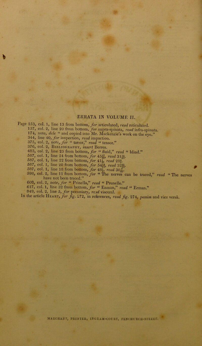 ¥ ERRATA IN VOLUME II. I age 153, col. 1, line 13 from bottom, for articulated, read reticulated. 157, col. 2, line 20 from bottom, for supra-spinata, read infra-spinata. 174, note, dele “ and copied into Mr. Mackenzie’s work on the eye.” 344, line AO, for inspection, read impaction. 375, col. 2, note, for “ tarsor,” read “ tensor.” 376, col. 2, Bibliography, insert Berres. 483, col. 2, line 25 from bottom, for “ fluid,” read “ blind.” 587, col. 1, line 24 from bottom, for 45g, read 31^. 587, col. 1, line 22 from bottom, for 41£, read 28f. 587, col. 1, line 20 from bottom, for 5A\\, read 32§{. 587, col. 1, line 18 from bottom, for 48|, read 30^. 598, col. 2, line 11 from bottom, for “ The nerves can be traced,” read “The nerves have not been traced.” 603, col. 2, note, for “ Prinella,” read “ Prunelle.” 617, col. 1, line 32 from bottom, for “ Enman,” read “ Erman.” 849, col. 2, line 5, for pecuniary, read visceral. In the article Heart, for Jig. 272, in references, read Jig. 274, passim and vice versa. % jVIARCHAN r, PRINTER, INGRAM-COURT, l'ENinurcii-street.