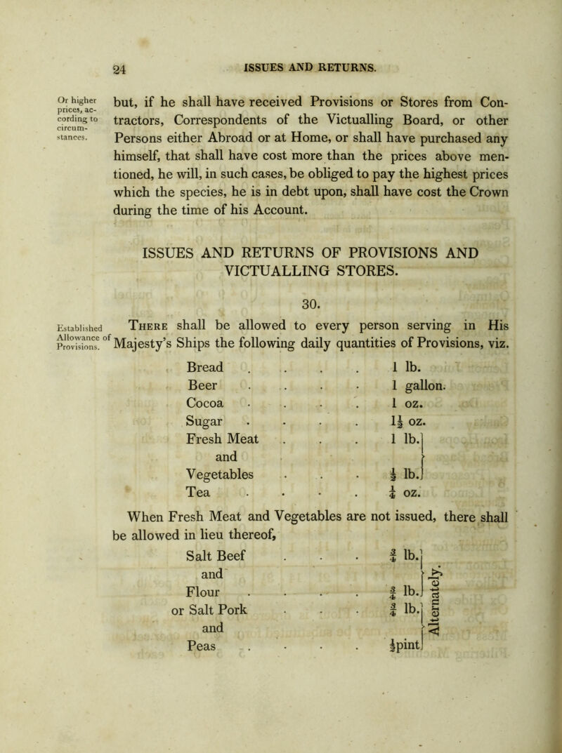 Or higher but jf fog shall have received Provisions or Stores from Con- prices, ac- cording to tractors, Correspondents of the Victualling Board, or other circum- # 1 ° stances. Persons either Abroad or at Home, or shall have purchased any himself, that shall have cost more than the prices above men- tioned, he will, in such cases, be obliged to pay the highest prices which the species, he is in debt upon, shall have cost the Crown during the time of his Account. ISSUES AND RETURNS OF PROVISIONS AND VICTUALLING STORES. 30. Established There shall be allowed to every person serving in His Provilfom6 °f Majesty’s Ships the following daily quantities of Provisions, viz. Bread , . 1 lb. Beer . 1 gallon. Cocoa • • 1 oz. Sugar • . 1| oz. Fresh Meat and • 1 lb.] r Vegetables . h lb.i Tea * . l oz. When Fresh Meat and Vegetables are not issued, there shall be allowed in lieu thereof, Salt Beef and Flour or Salt Pork and Peas 3. * lb.] 3 lb-] | # lb. | pint]