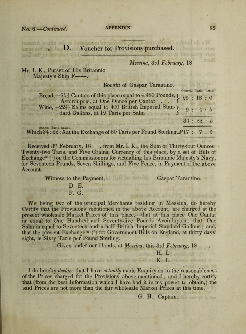 . D. Voucher for Provisions purchased. Messina, 3rd February, 18 Mr. I. K., Purser of His Britannic Majesty’s Ship F . Bought of Gaspar Tarantino, Ounces. Taris. Grains. Bread,—251 Cantars of this place equal to 4,480 Pounds,') 25 • 18 • 0 Avoirdupois, at One Ounce per Cantar . . J Wine, —22H Salms equal to 400 British Imperial Stan-q q 4.5 dard Gallons, at 12 Taris per Salm . , J ' 34 : 22 : 5 Ounces. Taris. Grains. Which 34: 22 : 5 at the Exchange of 60 Taris per Pound Sterling,i?17 : 7:5 Received 3rd February, 18 , from Mr. I. K., the Sum of Thirty-four Ounces, ' Twenty-two Taris, and Five Grains, Currency of this place, by a set of Bills of Exchange* (*) on the Commissioners for victualling his Britannic Majesty’s Navy, for Seventeen Pounds, Seven Shillings, and Five Pence, in Payment of the above Account. Witness to the Payment, Gaspar Tarantino. D. E. F. G. We being two of the principal Merchants residing in Messina, do hereby Certify that the Provisions mentioned in the above Account, are charged at the present wholesale Market Prices of this place,—that at this place One Cantar is equal to One Hundred and Seventy-five Pounds Avoirdupois; that One Salm is equal to Seventeen and a-half British Imperial Standard Gallons; and, that the present Exchange* (2) for Government Bills on England, at thirty days’ sight, is Sixty Taris per Pound Sterling. Given under our Hands, at Messina, this 3rd February, 18 H. I. K. L. I do hereby declare that I have actually made Enquiry as to the reasonableness of the Prices charged for the Provisions above-mentioned; and I hereby certify that (from the best Information which I have had it in my power to obtain,) the said Prices are not more than the fair wholesale Market Prices at this time. G. H., Captain.