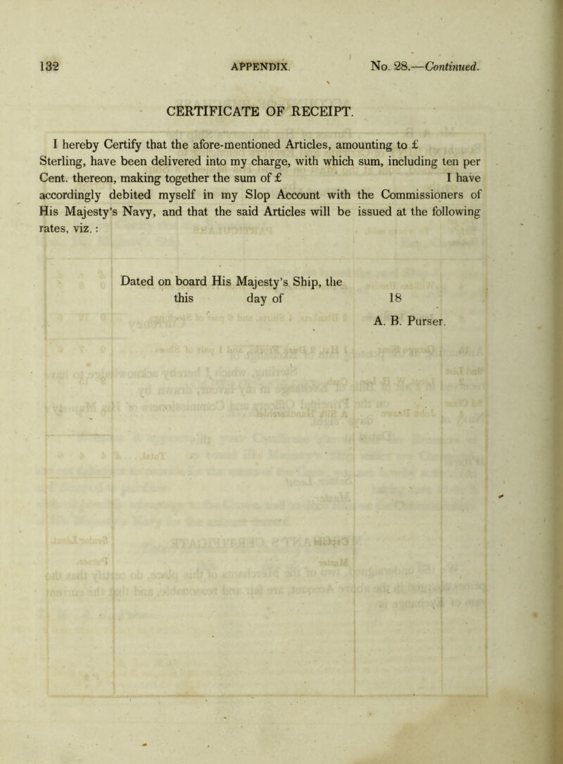 CERTIFICATE OF RECEIPT. I hereby Certify that the afore-mentioned Articles, amounting to £ Sterling, have been delivered into my charge, with which sum, including ten per Cent, thereon, making together the sum of £ I have accordingly debited myself in my Slop Account with the Commissioners of His Majesty’s Navy, and that the said Articles will be issued at the following rates, viz.: Dated on board His Majesty’s Ship, the this day of 18