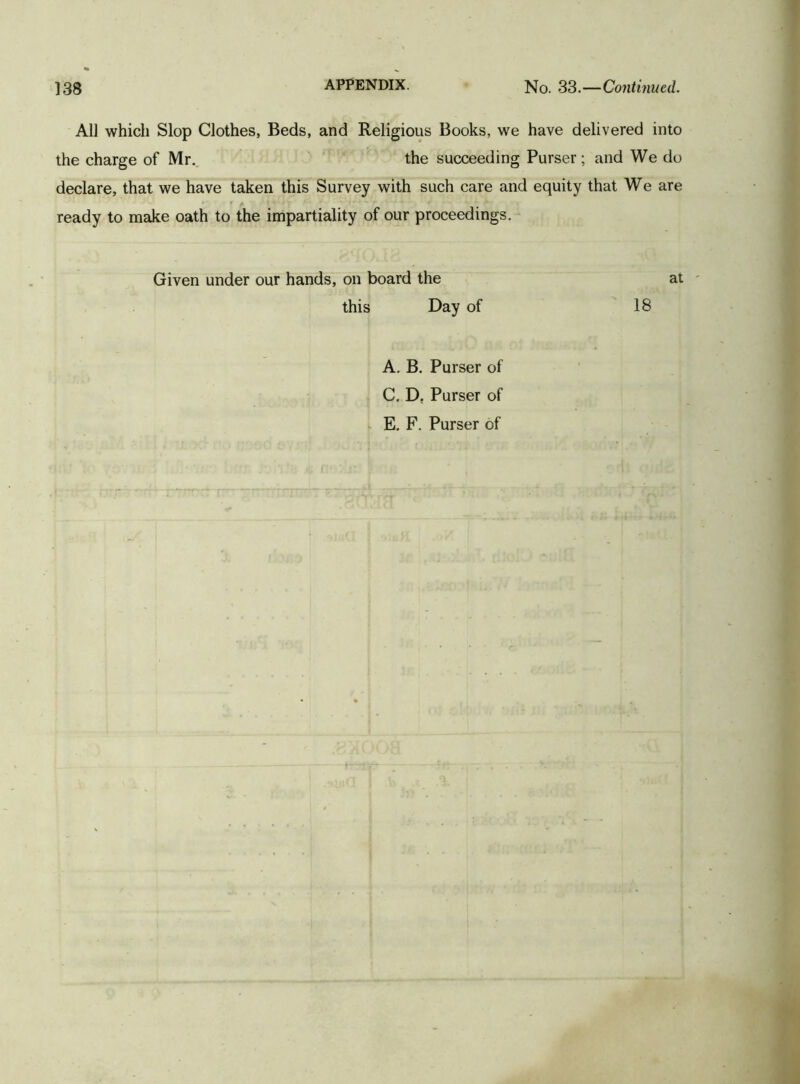 Al] which Slop Clothes, Beds, and Religious Books, we have delivered into the charge of Mr. the succeeding Purser; and We do declare, that we have taken this Survey with such care and equity that We are ready to make oath to the impartiality of our proceedings. Given under our hands, on board the at this Day of 18 A. B. Purser of C. D. Purser of E. F. Purser of