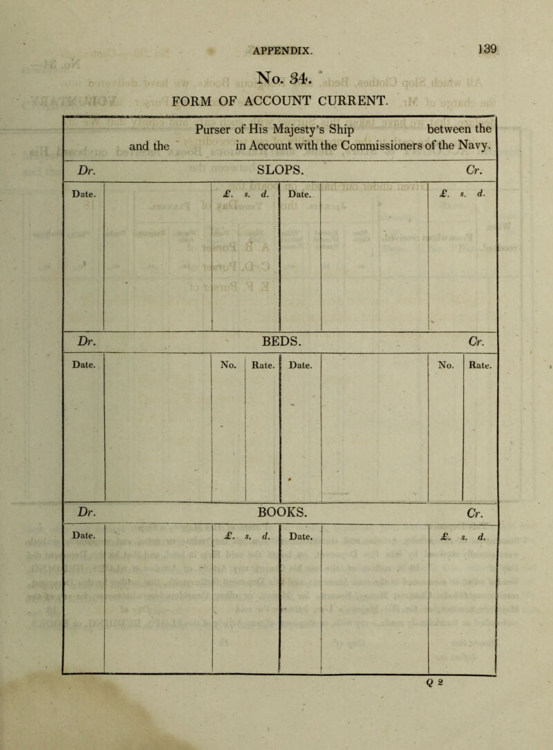 No. S4f. FORM OF ACCOUNT CURRENT. and the Purser of His Majesty’s Ship between the in Account with the Commissioners of the Navy. Dr. SLOPS. Cr. Date. £. i. d. Date. * £. s. d. Dr. BEDS. Cr. Date. No. Rate. Date. • No. Rate. Dr. BOOKS. Cr. Date. - £. \ s. d. Date. £. i. d. Q 2