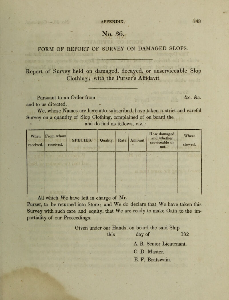 No. 36. FORM OF REPORT OF SURVEY ON DAMAGED SLOPS. Report of Survey held on damaged, decayed, or unserviceable Slop Clothing; with the Pursers Affidavit Pursuant to an Order from &c. &c. and to us directed. We, whose Names are hereunto subscribed, have taken a strict and careful Survey on a quantity of Slop Clothing, complained of on board the and do find as follows, viz.: When received. From whom received. SPECIES. Quality. Rate. Amount. How damaged, and whether serviceable or not. Where stowed. All which We have left in charge of Mr. Purser, to be returned into Store; and We do declare that We have taken this Survey with such care and equity, that We are ready to make Oath to the im- partiality of our Proceedings. Given under our Hands, on board the said Ship this day of 182 A. B. Senior Lieutenant. C. D. Master. E. F. Boatswain.