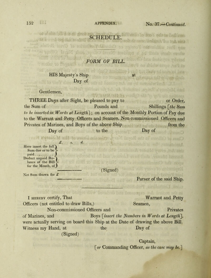 SCHEDULE. A FORM OF BILL. HIS Majesty’s Ship at Day of Gentlemen, THREE Days after Sight, be pleased to pay to or Order, the Sum of Pounds and Shillings [the Sum to be inserted in Words at Length] ; on account of the Monthly Portion of Pay due to the Warrant and Petty Officers and Seamen, Non-commissioned Officers and Privates of Marines, and Boys of the above Ship from the Day of to the Day of £. s. d. Here insert the full Sum due or to be paid Deduct unpaid Ba- i lance of the Bill > for the Month, of j (Signed) Net Sum drawn for £ Purser of the said Ship. I hereby certify, That Warrant and Petty Officers (not entitled to draw Bills,) Seamen, Non-commissioned Officers and Privates of Marines, and Boys [insert the Numbers in Words at Length], were actually serving on board this Ship at the Date of drawing the above Bill. Witness my Hand, at the Day of (Signed) Captain, [or Commanding Officer, as the case may be.]