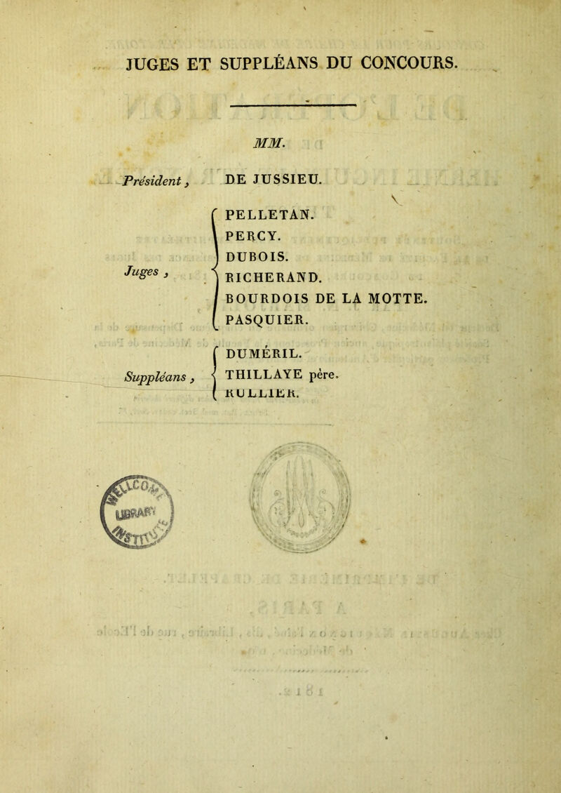 JUGES ET SUPPLÉANS DU CONCOURS. Président, Juges j Suppléans, MM. DE JUSSIEU. V PELLETAN. PERCY. DUBOIS. RIGHERAND. BOURDOIS DE LA MOTTE. PASQUIER. DUMÉRIL. THILLAYE père. 1