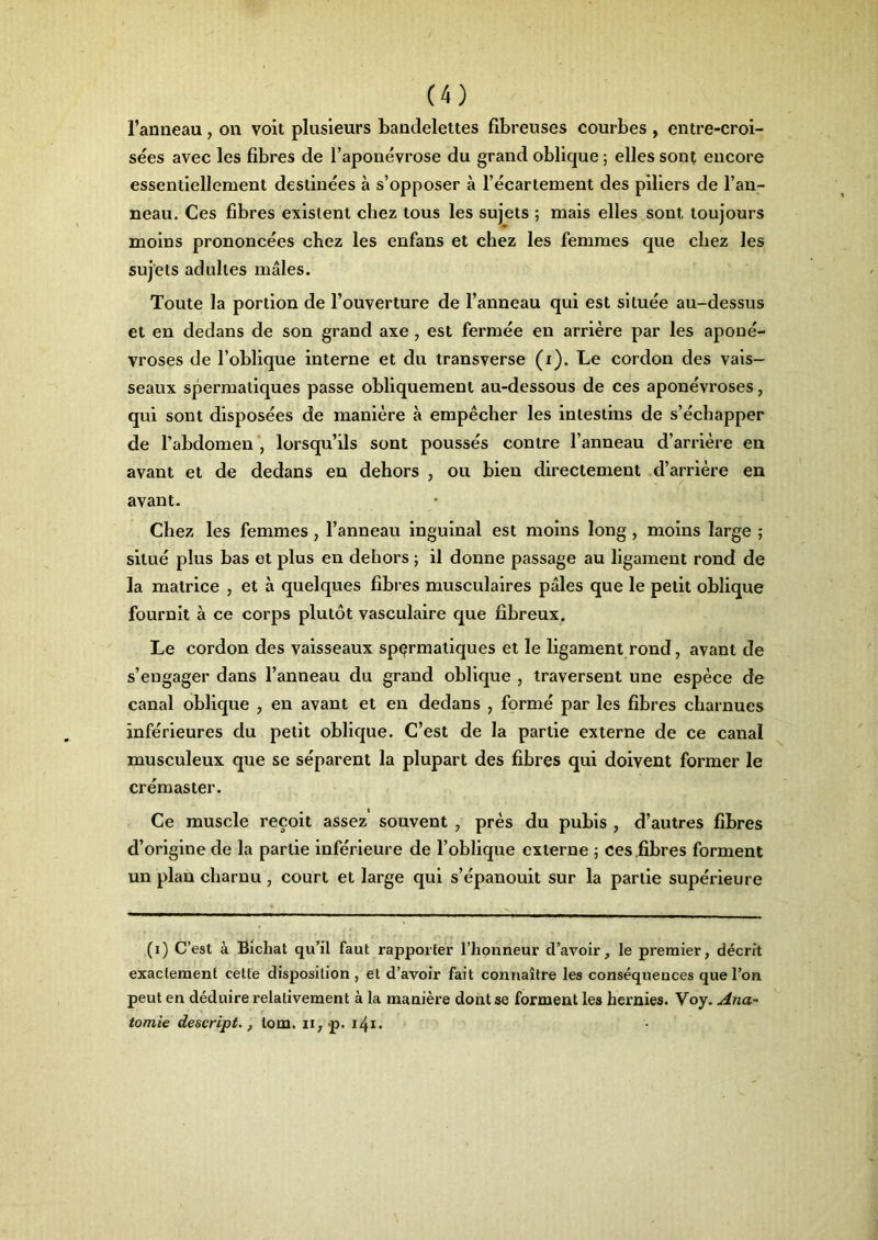 l’anneau, on voit plusieurs bandelettes fibreuses courbes , entre-croi- sées avec les fibres de l’aponévrose du grand oblique ; elles sont encore essentiellement destinées à s’opposer à l’écartement des piliers de l’an- neau. Ces fibres existent chez tous les sujets ; mais elles sont toujours moins prononcées chez les enfans et chez les femmes que chez les sujets adultes mâles. Toute la portion de l’ouverture de l’anneau qui est située au-dessus et en dedans de son grand axe , est fermée en arrière par les aponé- vroses de l’oblique interne et du transverse (i). Le cordon des vais- seaux spermatiques passe obliquement au-dessous de ces aponévroses, qui sont disposées de manière à empêcher les intestins de s’échapper de l’abdomen , lorsqu’ils sont poussés contre l’anneau d’arrière en avant et de dedans en dehors , ou bien directement d’arrière en avant. Chez les femmes , l’anneau inguinal est moins long , moins large ; situé plus bas et plus en dehors ; il donne passage au ligament rond de la matrice , et à quelques fibres musculaires pâles que le petit oblique fournit à ce corps plutôt vasculaire que fibreux. Le cordon des vaisseaux spermatiques et le ligament rond, avant de s’engager dans l’anneau du grand oblique , traversent une espèce de canal oblique , en avant et en dedans , formé par les fibres charnues inférieures du petit oblique. C’est de la partie externe de ce canal musculeux que se séparent la plupart des fibres qui doivent former le crémaster. Ce muscle reçoit assez souvent , près du pubis , d’autres fibres d’origine de la partie inférieure de l’oblique externe ; ces fibres forment un plan charnu , court et large qui s’épanouit sur la partie supérieure (i) C’est à Bichat qu’il faut rapporter l’honneur d’avoir, le premier, décrit exactement cette disposition , et d’avoir fait connaître les conséquences que l’on peut en déduire relativement à la manière dont se forment les hernies. Voy. Ana- tomie descript., tom. u, p. 14x •