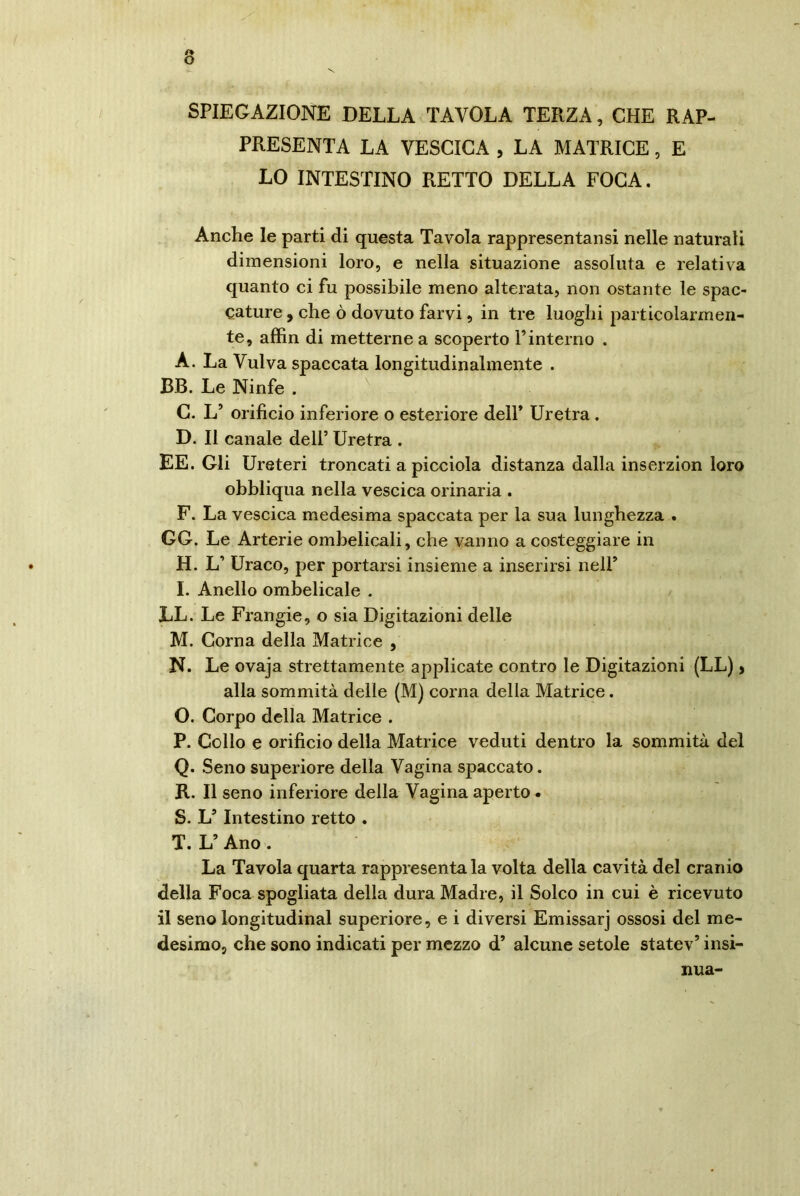 SPIEGAZIONE DELLA TAVOLA TERZA, CHE RAP- PRESENTA LA VESCICA , LA MATRICE, E LO INTESTINO RETTO DELLA FOCA. Anche le parti di questa Tavola rappresentansi nelle naturali dimensioni loro, e nella situazione assoluta e relativa quanto ci fu possibile meno alterata, non ostante le spac- cature , che ò dovuto farvi, in tre luoghi particolarmen- te, affin di metterne a scoperto l’interno . A. La Vulva spaccata longitudinalmente . BB. Le Ninfe . G. L’ orificio inferiore o esteriore dell’ Uretra. D. Il canale dell’ Uretra . EE. Gli Ureteri troncati a picciola distanza dalla inserzion loro obbliqua nella vescica orinaria . F. La vescica medesima spaccata per la sua lunghezza . GG. Le Arterie ombelicali, che vanno a costeggiare in H. L’ Uraco, per portarsi insieme a inserirsi nell’ I. Anello ombelicale . LL. Le Frangie, o sia Digitazioni delle M. Corna della Matrice , N. Le ovaja strettamente applicate contro le Digitazioni (LL) > alla sommità delle (M) corna della Matrice. O. Corpo della Matrice . P. Collo e orificio della Matrice veduti dentro la sommità del Q. Seno superiore della Vagina spaccato. R. Il seno inferiore della Vagina aperto. S. Ls Intestino retto . T. L’ Ano . La Tavola quarta rappresenta la volta della cavità del cranio della Foca spogliata della dura Madre, il Solco in cui è ricevuto il seno longitudinal superiore, e i diversi Emissarj ossosi del me- desimo, che sono indicati per mezzo d’ alcune setole statev’ insi- nua-