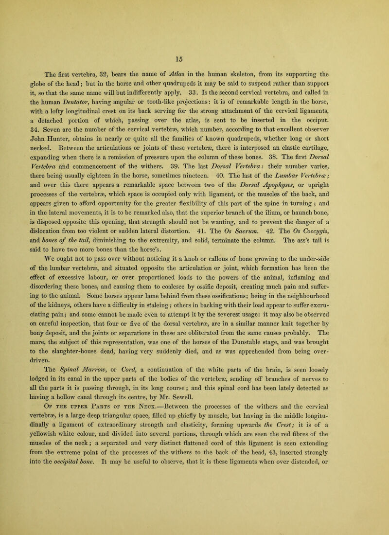 The first vertebra, 32, bears the name of Atlas in the human skeleton, from its supporting the globe of the head; but in the horse and other quadrupeds it may be said to suspend rather than support it, so that the same name will but indifferently apply. 33. Is the second cervical vertebra, and called in the human Dentator, having angular or tooth-like projections: it is of remarkable length in the horse, with a lofty longitudinal crest on its back serving for the strong attachment of the cervical ligaments, a detached portion of which, passing over the atlas, is sent to be inserted in the occiput. 34. Seven are the number of the cervical vertebras, which number, according to that excellent observer John Hunter, obtains in nearly or quite all the families of known quadrupeds, whether long or short necked. Between the articulations or joints of these vertebrae, there is interposed an elastic cartilage, expanding when there is a remission of pressure upon the column of these bones. 38. The first Dorsal Vertebra and commencement of the withers. 39. The last Dorsal Vertebra: their number varies, there being usually eighteen in the horse, sometimes nineteen. 40. The last of the Lumbar Vertebrae; and over this there appears a remarkable space between two of the Dorsal Apophyses, or upright processes of the vertebrae, which space is occupied only with ligament, or the muscles of the back, and appears given to afford opportunity for the greater flexibility of this part of the spine in turning ; and in the lateral movements, it is to be remarked also, that the superior branch of the ilium, or haunch bone, is disposed opposite this opening, that strength should not be wanting, and to prevent the danger of a dislocation from too violent or sudden lateral distortion. 41. The Os Sacrum. 42. The Os Coccygis, and bones of the tail, diminishing to the extremity, and solid, terminate the column. The ass’s tail is said to have two more bones than the horse’s. We ought not to pass over without noticing it a knob or callous of bone growing to the under-side of the lumbar vertebrae, and situated opposite the articulation or joint, which formation has been the effect of excessive labour, or over proportioned loads to the powers of the animal, inflaming and disordering these bones, and causing them to coalesce by ossific deposit, creating much pain and suffer- ing to the animal. Some horses appear lame behind from these ossifications; being in the neighbourhood of the kidneys, others have a difliculty in staleing; others in backing with their load appear to suffer excru- ciating pain; and some cannot be made even to attempt it by the severest usage: it may also be observed on careful inspection, that four or five of the dorsal vertebras, are in a similar manner knit together by bony deposit, and the joints or separations in these are obliterated from the same causes probably. The mare, the subject of this representation, was one of the horses of the Dunstable stage, and was brought to the slaughter-house dead, having very suddenly died, and as was apprehended from being over- driven. The Spinal Marrow, or Cord, a continuation of the white parts of the brain, is seen loosely lodged in its canal in the upper parts of the bodies of the vertebrae, sending off branches of nerves to all the parts it is passing through, in its long course; and this spinal cord has been lately detected as having a hollow canal through its centre, by Mr. Sewell. Op the upper Parts of the Neck.—Between the processes of the withers and the cervical vertebras, is a large deep triangular space, filled up chiefly by muscle, but having in the middle longitu- dinally a ligament of extraordinary strength and elasticity, forming upwards the Crest; it is of a yellowish white colour, and divided into several portions, through which are seen the red fibres of the muscles of the neck; a separated and very distinct flattened cord of this ligament is seen extending from the extreme point of the processes of the withers to the back of the head, 43, inserted strongly into the occipital bone. It may be useful to observe, that it is these ligaments when over distended, or