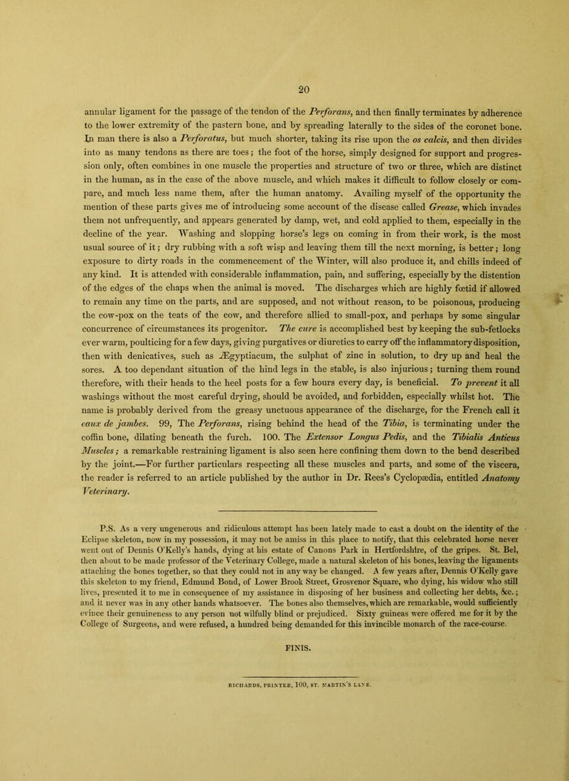 annular ligament for the passage of the tendon of the Perforans, and then finally terminates by adherence to the lower extremity of the pastern bone, and by spreading laterally to the sides of the coronet bone. In man there is also a Perforatus, but much shorter, taking its rise upon the os calcis, and then divides into as many tendons as there are toes; the foot of the horse, simply designed for support and progres- sion only, often combines in one muscle the properties and structure of two or three, which are distinct in the human, as in the case of the above muscle, and which makes it difficult to follow closely or com- pare, and much less name them, after the human anatomy. Availing myself of the opportunity the mention of these parts gives me of introducing some account of the disease called Grease, which invades them not unfrequently, and appears generated by damp, wet, and cold applied to them, especially in the decline of the year. Washing and slopping horse’s legs on coming in from their work, is the most usual source of it; dry rubbing with a soft wisp and leaving them till the next morning, is better; long exposure to dirty roads in the commencement of the Winter, will also produce it, and chills indeed of any kind. It is attended with considerable inflammation, pain, and suffering, especially by the distention of the edges of the chaps when the animal is moved. The discharges which are highly foetid if allowed to remain any time on the parts, and are supposed, and not without reason, to be poisonous, producing the cow-pox on the teats of the cow, and therefore allied to small-pox, and perhaps by some singular concurrence of circumstances its progenitor. The cure is accomplished best by keeping the sub-fetlocks ever warm, poulticing for a few days, giving purgatives or diuretics to carry off the inflammatory disposition, then with denicatives, such as vEgyptiacum, the sulphat of zinc in solution, to dry up and heal the sores. A too dependant situation of the hind legs in the stable, is also injurious; turning them round therefore, with their heads to the heel posts for a few hours every day, is beneficial. To prevent it all washings without the most careful drying, should be avoided, and forbidden, especially whilst hot. The name is probably derived from the greasy unctuous appearance of the discharge, for the French call it eaux de jambes. 99, The Perforans, rising behind the head of the Tibia, is terminating under the coffin bone, dilating beneath the furch. 100. The Extensor Longus Pedis, and the Tibialis Anticus Muscles; a remarkable restraining ligament is also seen here confining them down to the bend described by the joint.—For further particulars respecting all these muscles and parts, and some of the viscera, the reader is referred to an article published by the author in Dr. Rees’s Cyclopaedia, entitled Anatomy Veterinary. P.S. As a very ungenerous and ridiculous attempt lias been lately made to cast a doubt on the identity of the Eclipse skeleton, now in my possession, it may not be amiss in this place to notify, that this celebrated horse never went out of Dennis O'Kelly’s hands, dying at his estate of Canons Park in Hertfordshire, of the gripes. St. Bel, then about to be made professor of the Veterinary College, made a natural skeleton of his bones, leaving the ligaments attaching the bones together, so that they could not in any way be changed. A few years after, Dennis O’Kelly gave this skeleton to my friend, Edmund Bond, of Lower Brook Street, Grosvenor Square, who dying, his widow who still lives, presented it to me in consequence of my assistance in disposing of her business and collecting her debts, See.; and it never was in any other hands whatsoever. The bones also themselves, which are remarkable, would sufficiently evince their genuineness to any person not wilfully blind or prejudiced. Sixty guineas were offered me for it by the College of Surgeons, and were refused, a hundred being demanded for this invincible monarch of the race-course. FINIS. RICHARDS, PRINTER, 100, ST. MARTIN’S LANE.
