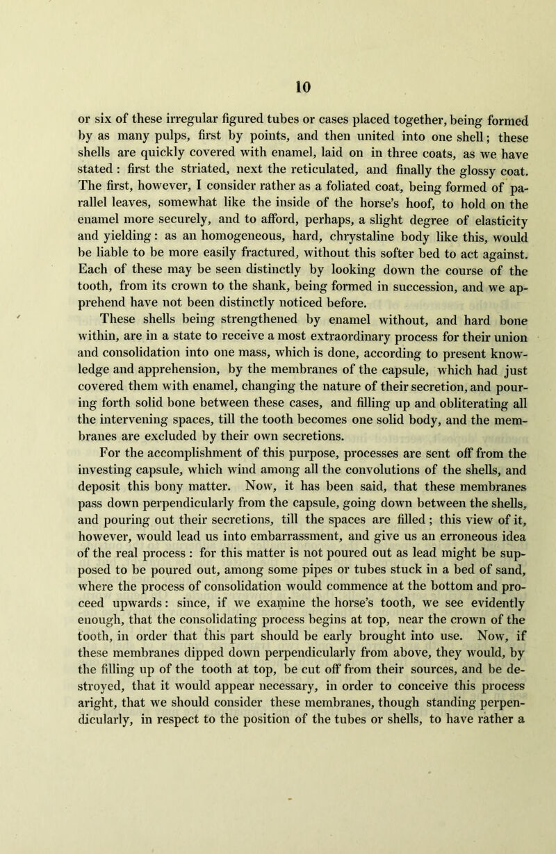 or six of these irregular figured tubes or cases placed together, being formed by as many pulps, first by points, and then united into one shell; these shells are quickly covered with enamel, laid on in three coats, as we have stated : first the striated, next the reticulated, and finally the glossy coat. The first, however, I consider rather as a foliated coat, being formed of pa- rallel leaves, somewhat like the inside of the horse’s hoof, to hold on the enamel more securely, and to afford, perhaps, a slight degree of elasticity and yielding: as an homogeneous, hard, chrystaline body like this, would be liable to be more easily fractured, without this softer bed to act against. Each of these may be seen distinctly by looking down the course of the tooth, from its crown to the shank, being formed in succession, and we ap- prehend have not been distinctly noticed before. These shells being strengthened by enamel without, and hard bone within, are in a state to receive a most extraordinary process for their union and consolidation into one mass, which is done, according to present know- ledge and apprehension, by the membranes of the capsule, which had just covered them with enamel, changing the nature of their secretion, and pour- ing forth solid bone between these cases, and filling up and obliterating all the intervening spaces, till the tooth becomes one solid body, and the mem- branes are excluded by their own secretions. For the accomplishment of this purpose, processes are sent off from the investing capsule, which wind among all the convolutions of the shells, and deposit this bony matter. Now, it has been said, that these membranes pass down perpendicularly from the capsule, going down between the shells, and pouring out their secretions, till the spaces are filled ; this view of it, however, would lead us into embarrassment, and give us an erroneous idea of the real process : for this matter is not poured out as lead might be sup- posed to be poured out, among some pipes or tubes stuck in a bed of sand, where the process of consolidation would commence at the bottom and pro- ceed upwards: since, if we examine the horse’s tooth, we see evidently enough, that the consolidating process begins at top, near the crown of the tooth, in order that this part should be early brought into use. Now, if these membranes dipped down perpendicularly from above, they would, by the filling up of the tooth at top, be cut off from their sources, and be de- stroyed, that it would appear necessary, in order to conceive this process aright, that we should consider these membranes, though standing perpen- dicularly, in respect to the position of the tubes or shells, to have rather a