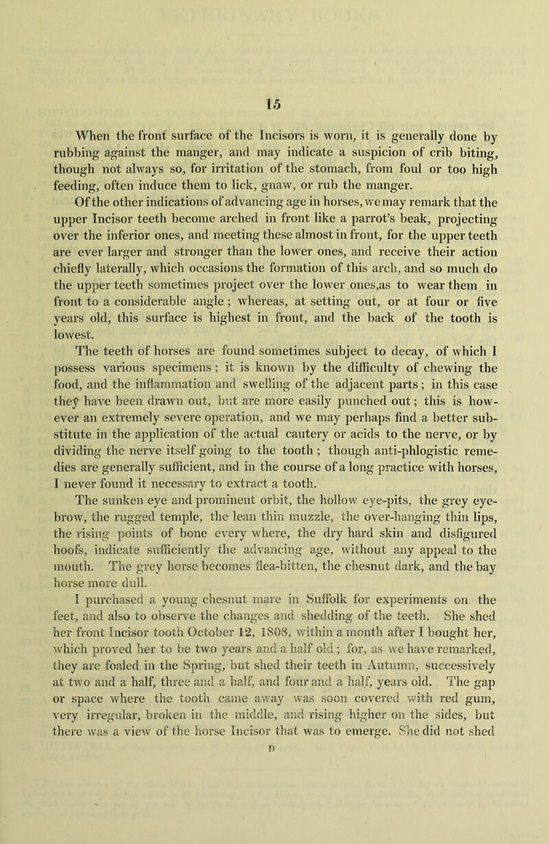 When the front surface of the Incisors is worn, it is generally done by rubbing against the manger, and may indicate a suspicion of crib biting, though not always so, for irritation of the stomach, from foul or too high feeding, often induce them to lick, gnaw, or rub the manger. Of the other indications of advancing age in horses, we may remark that the upper Incisor teeth become arched in front like a parrot’s beak, projecting over the inferior ones, and meeting these almost in front, for the upper teeth are ever larger and stronger than the lower ones, and receive their action chiefly laterally, which occasions the formation of this arch, and so much do the upper teeth sometimes project over the lower ones,as to wear them in front to a considerable angle ; whereas, at setting out, or at four or five years old, this surface is highest in front, and the back of the tooth is lowest. The teeth of horses are found sometimes subject to decay, of which I possess various specimens ; it is known by the difficulty of chewing the food, and the inflammation and swelling of the adjacent parts; in this case thejr have been drawn out, but are more easily punched out; this is how- ever an extremely severe operation, and we may perhaps find a better sub- stitute in the application of the actual cautery or acids to the nerve, or by dividing the nerve itself going to the tooth ; though anti-phlogistic reme- dies are generally sufficient, and in the course of a long practice with horses, I never found it necessary to extract a tooth. The sunken eye and prominent orbit, the hollow eye-pits, the grey eye- brow, the rugged temple, the lean thin muzzle, the over-hanging thin lips, the rising points of bone every where, the dry hard skin and disfigured hoofs, indicate sufficiently the advancing age, without any appeal to the mouth. The grey horse becomes flea-bitten, the chesnut dark, and the bay horse more dull. I purchased a young chesnut mare in Suffolk for experiments on the feet, and also to observe the changes and shedding of the teeth. She shed her front Incisor tooth October 12, 1808, within a month after I bought her, which proved her to be two years and a half old; for, as we have remarked, they are foaled in the Spring, but shed their teeth in Autumn, successively at two and a half, three and a half, and four and a half, years old. The gap or space where the tooth came awray w^as soon covered with red gum, very irregular, broken in the middle, and rising higher on the sides, but there was a view of the horse Incisor that was to emerge. She did not shed n