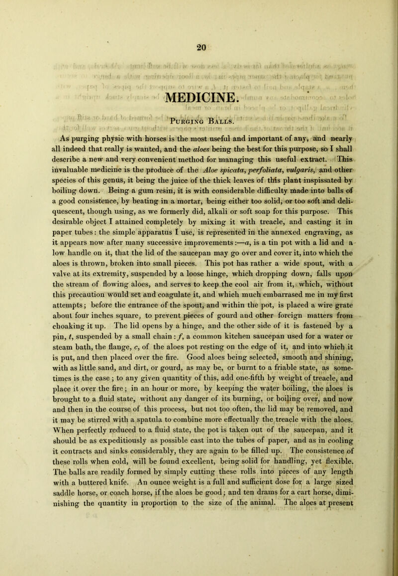 • • ' Tv ■)<!.. ft / f iir- ifii w»■• r>’> J * «.*v- •.»* >*•;'? •*.} i, r ** «;f|ro KKr (Ool' ?: m , H» *ry\ »«. ' >’ft i ?/ . j-yVil i'.rt . ; MEDICINE. Purging Balls. ; As purging physic with horses is the most useful and important of any, and nearly all indeed that really is wanted, and the aloes being the best for this purpose, so I shall describe a new and very convenient method for managing this useful extract. This invaluable medicine is the produce of the Aloe spicata, perfoliata, vulgaris, and other species of this genus, it being the juice of the thick leaves of this plant inspissated by boiling down. Being a gum resin, it is with considerable difficulty made into balls of a good consistence, by beating in a mortar, being either too solid, or too soft and deli- quescent, though using, as we formerly did, alkali or soft soap for this purpose. This desirable object I attained completely by mixing it with treacle, and casting it in paper tubes: the simple apparatus I use, is represented in the annexed engraving, as it appears now after many successive improvements:—a, is a tin pot with a lid and a low handle on it, that the lid of the saucepan may go over and cover it, into which the aloes is thrown, broken into small pieces. This pot has rather a wide spout, with a valve at its extremity, suspended by a loose hinge, which dropping down, falls upon the stream of flowing aloes, and serves to keep the cool air from it, which, without this precaution wonld set and coagulate it, and which much embarrased me in my first attempts; before the entrance of the spout, and within the pot, is placed a wire grate about four inches square, to prevent pieces of gourd and other foreign matters from choaking it up. The lid opens by a hinge, and the other side of it is fastened by a pin, t, suspended by a small chain :f, a common kitchen saucepan used for a water or steam bath, the flange, c, of the aloes pot resting on the edge of it, and into which it is put, and then placed over the fire. Good aloes being selected, smooth and shining, with as little sand, and dirt, or gourd, as may be, or burnt to a friable state, as some- times is the case ; to any given quantity of this, add one-fifth by weight of treacle, and place it over the fire; in an hour or more, by keeping the water boiling, the aloes is brought to a fluid state, without any danger of its burning, or boiling over, and now and then in the course of this process, but not too often, the lid may be removed, and it may be stirred with a spatula to combine more effectually the treacle with the aloes. When perfectly reduced to a fluid state, the pot is taken out of the saucepan, and it should be as expeditiously as possible cast into the tubes of paper, and as in cooling it contracts and sinks considerably, they are again to be filled up. The consistence of these rolls when cold, will be found excellent, being solid for handling, yet flexible. The balls are readily formed by simply cutting these rolls into pieces of any length with a buttered knife. An ounce weight is a full and sufficient dose for a large sized saddle horse, or coach horse, if the aloes be good; and ten drams for a cart horse, dimi- nishing the quantity in proportion to the size of the animal. The aloes at present