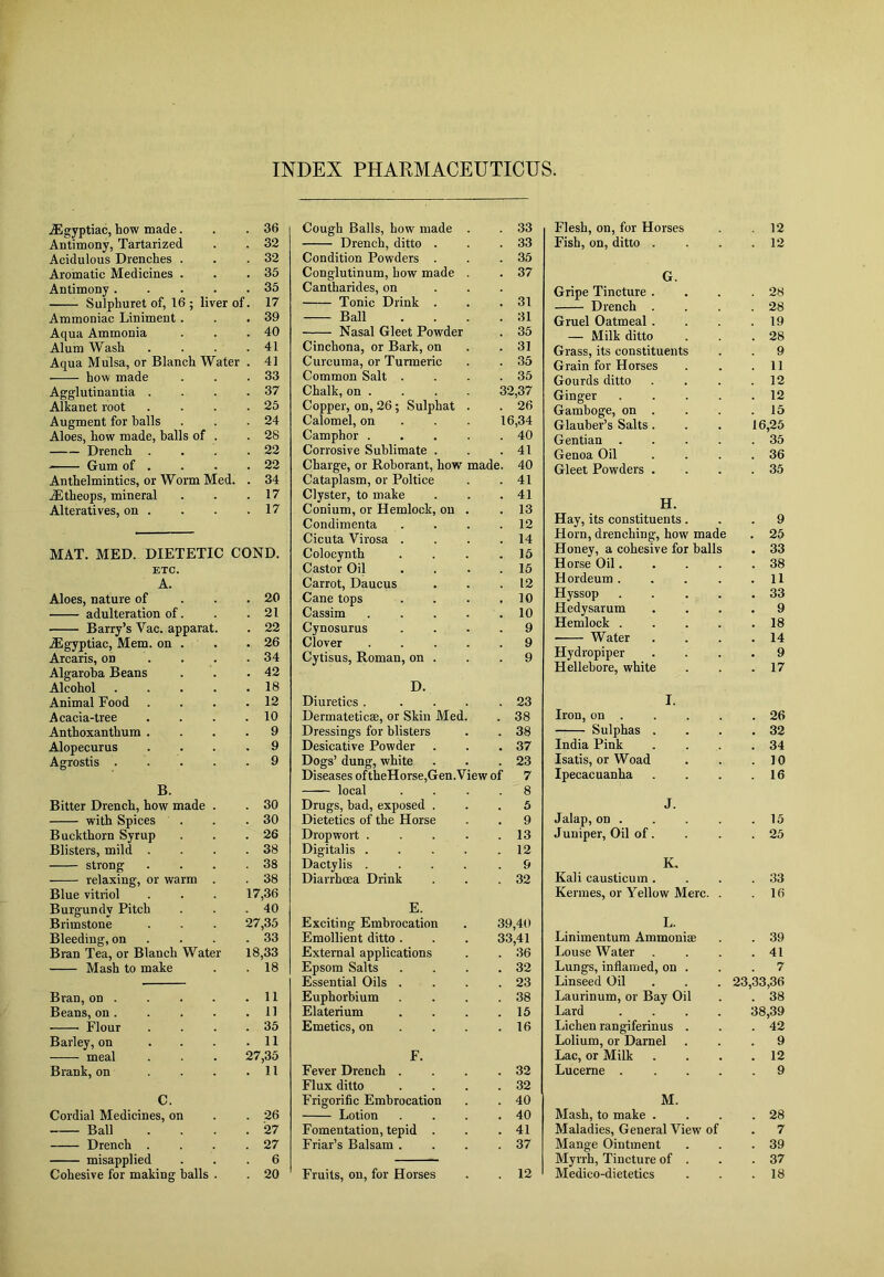 INDEX PHARMACEUTICUS. jEgyptiac, how made. . .36 Antimony, Tartarized . . 32 Acidulous Drenches . . .32 Aromatic Medicines . . .35 Antimony 35 Sulphuret of, 16; liver of. 17 Ammoniac Liniment. . .39 Aqua Ammonia . . .40 Alum Wash . . . .41 Aqua Mulsa, or Blanch Water . 41 how made . . .33 Agglutinantia . . . .37 Alkanet root . . . .25 Augment for halls . . .24 Aloes, how made, balls of . .28 Drench . . . .22 Gum of . . . .22 Anthelmintics, or Worm Med. . 34 jEtheops, mineral . . .17 Alteratives, on . . . .17 MAT. MED. DIETETIC COND. ETC. A. Aloes, nature of ... 20 adulteration of. . .21 Barry’s Vac. apparat. . 22 iEgyptiac, Mem. on . . .26 Arcaris, on .... 34 Algaroba Beans . . .42 Alcohol 18 Animal Food . . . .12 Acacia-tree . . . .10 Anthoxanthum .... 9 Alopecurus .... 9 Agrostis 9 B. Bitter Drench, how made . . 30 with Spices . . .30 Buckthorn Syrup . . .26 Blisters, mild . . . .38 strong . . . .38 relaxing, or warm . . 38 Blue vitriol . . . 17,36 Burgundy Pitch . . .40 Brimstone . . . 27,35 Bleeding, on . . .33 Bran Tea, or Blanch Water 18,33 Mash to make . . 18 Bran, on 11 Beans, on 11 Flour . . . .35 Barley, on . . . .11 meal . . . 27,35 Brank, on . . . .11 C. Cordial Medicines, on . . 26 Ball . . . . 27 Drench . . . .27 misapplied ... 6 Cohesive for making balls . . 20 Cough Balls, how made . 33 Drench, ditto . . 33 Condition Powders . . 35 Conglutinum, how made . 37 Cantharides, on Tonic Drink . . 31 Ball . 31 Nasal Gleet Powder . 35 Cinchona, or Bark, on . 31 Curcuma, or Turmeric . 35 Common Salt . . 35 Chalk, on . 32,37 Copper, on, 26; Sulphat . 26 Calomel, on 16,34 Camphor . . 40 Corrosive Sublimate . . 41 Charge, or Rohorant, how made. 40 Cataplasm, or Poltice . 41 Clyster, to make . 41 Conium, or Hemlock, on . 13 Condimenta . 12 Cicuta Virosa . . 14 Colocynth . 15 Castor Oil . 15 Carrot, Daucus . 12 Cane tops . 10 Cassim . 10 Cynosurus . 9 Clover . 9 Cytisus, Roman, on . . 9 D. Diuretics .... 23 Dermateticae, or Skin Med. 38 Dressings for blisters 38 Desicative Powder 37 Dogs’ dung, white 23 Diseases oftheHorse.Gen.View of 7 local 8 Drugs, bad, exposed . 5 Dietetics of the Horse 9 Dropwort .... 13 Digitalis .... 12 Dactylis .... 9 Diarrhoea Drink 32 E. Exciting Embrocation 39,40 Emollient ditto . 33,41 External applications 36 Epsom Salts 32 Essential Oils . 23 Euphorbium 38 Elaterium 15 Emetics, on 16 F. Fever Drench . 32 Flux ditto 32 Frigorific Embrocation 40 Lotion 40 Fomentation, tepid . 41 Friar’s Balsam . 37 Fruits, on, for Horses 12 Flesh, on, for Horses . .12 Fish, on, ditto . . . .12 G. Gripe Tincture . Drench . Gruel Oatmeal . — Milk ditto Grass, its constituents Grain for Horses Gourds ditto Ginger Gamboge, on . Glauber’s Salts. Gentian . Genoa Oil Gleet Powders . H. Hay, its constituents. Horn, drenching, how made Honey, a cohesive for balls Horse Oil.... Hordeum .... Hyssop .... Hedysarum Hemlock .... ■ Water Hydropiper Hellebore, white I. . 26 . 32 . 34 . 10 . 16 J. Jalap, od . . . . .15 Juniper, Oil of. . . .25 K. Kali causticum. . . .33 Kermes, or Yellow Merc. . .16 L. Linimentum Ammonias Louse Water . Lungs, inflamed, on . Linseed Oil Laurinum, or Bay Oil Lard Lichen rangiferinus . Lolium, or Darnel Lac, or Milk Lucerne . M. Mash, to make . . . .28 Maladies, General View of . 7 Mange Ointment . . .39 Myrrh, Tincture of . . .37 Medico-dietetics . . .18 . 41 . 7 23,33,36 . 38 38,39 . 42 . 9 . 12 9 Iron, on . Sulphas . India Pink Isatis, or Woad Ipecacuanha 25 33 38 11 33 9 18 14 9 17 . 28 . 19 . 28 . 9 . 11 . 12 . 12 . 15 16,25 . 35 . 36 . 35