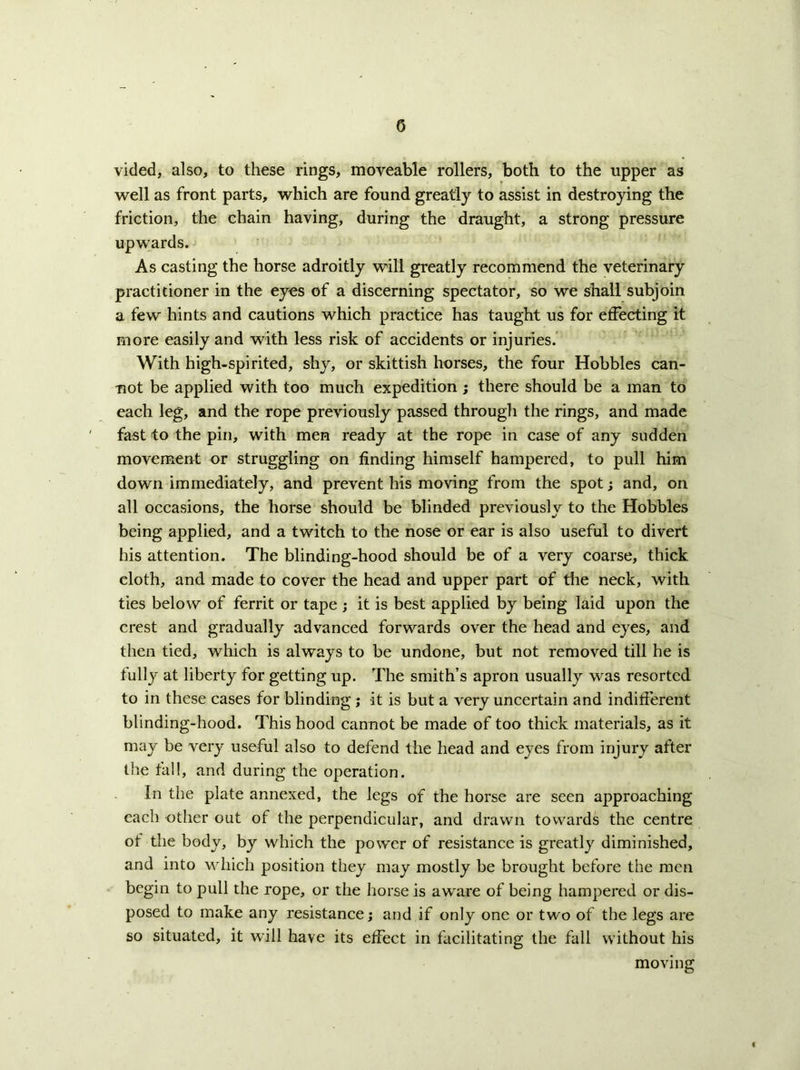 0 vided, also, to these rings, moveable rollers, both to the upper as well as front parts, which are found greatly to assist in destroying the friction, the chain having, during the draught, a strong pressure upwards. As casting the horse adroitly will greatly recommend the veterinary practitioner in the eyes of a discerning spectator, so we shall subjoin a few hints and cautions which practice has taught us for effecting it more easily and with less risk of accidents or injuries.' With high-spirited, shy, or skittish horses, the four Hobbles can- not be applied with too much expedition; there should be a man to each leg, and the rope previously passed through the rings, and made fast to the pin, with men ready at the rope in case of any sudden movement or struggling on finding himself hampered, to pull him down immediately, and prevent his moving from the spot; and, on all occasions, the horse should be blinded previously to the Hobbles being applied, and a twitch to the nose or ear is also useful to divert his attention. The blinding-hood should be of a very coarse, thick cloth, and made to cover the head and upper part of the neck, with ties below of ferrit or tape ; it is best applied by being laid upon the crest and gradually advanced forwards over the head and eyes, and then tied, which is always to be undone, but not removed till he is fully at liberty for getting up. The smith’s apron usually was resorted to in these cases for blinding; it is but a very uncertain and indifferent blinding-hood. This hood cannot be made of too thick materials, as it may be very useful also to defend the head and eyes from injury after the fall, and during the operation. In the plate annexed, the legs of the horse are seen approaching each other out of the perpendicular, and drawn towards the centre ot the body, by which the power of resistance is greatly diminished, and into which position they may mostly be brought before the men begin to pull the rope, or the horse is aware of being hampered or dis- posed to make any resistance j and if only one or two of the legs are so situated, it will have its effect in facilitating the fall without his moving